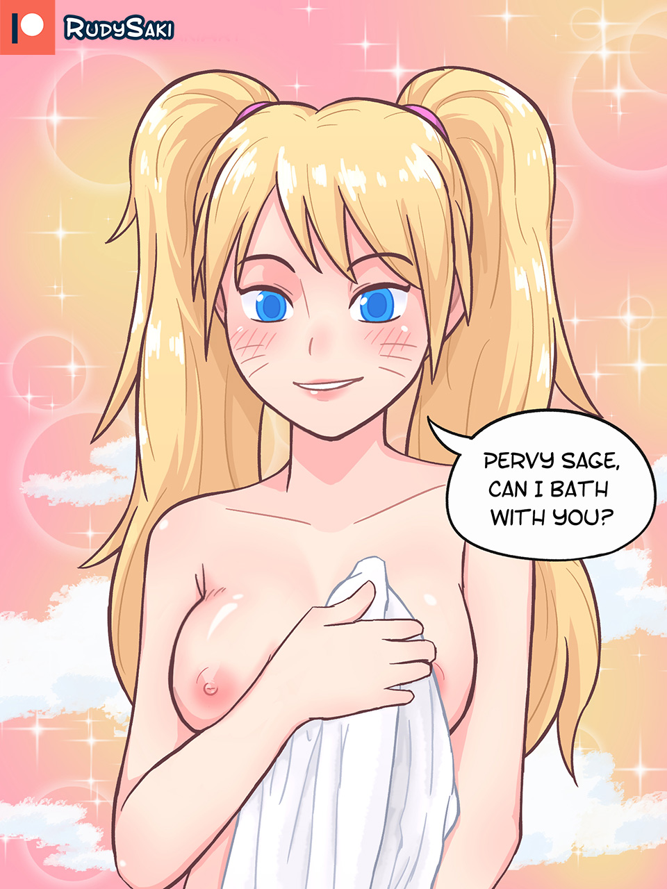 1girls, artist name, blonde hair, blue eyes, blush, blushing, breasts, canon genderswap, dialogue, english text, female, female only, genderswap, genderswap (mtf), light skin, light-skinned female, long hair, naruko, naruto, naruto (series), naruto shippuden, nipples, nudity, pink nipples, rudy saki, rule 63, smile, smiling, solo, speech bubble, text, tied hair, towel, twintails, uncensored, uzumaki naruto, whisker markings, yellow hair