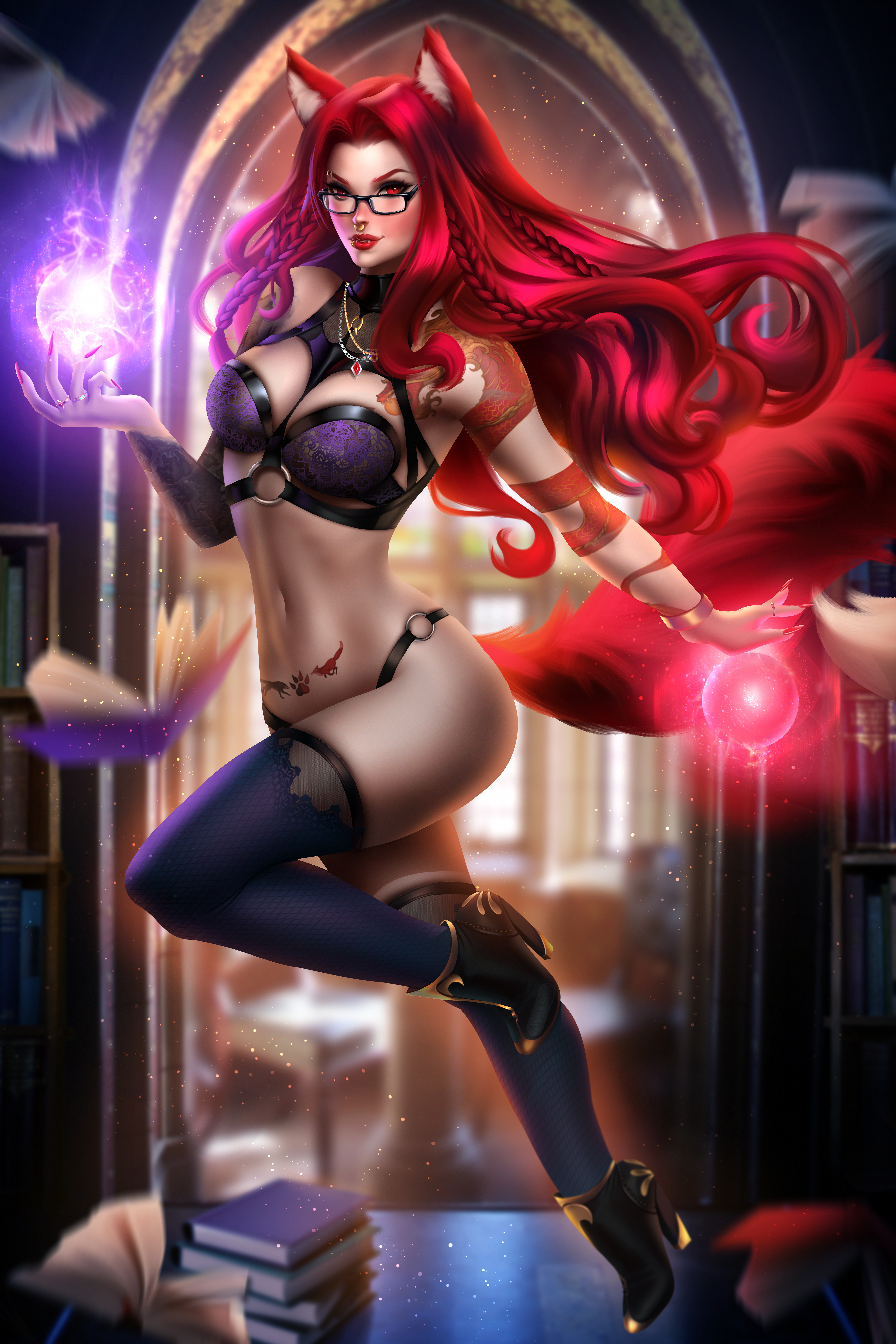 ass, ayyasap, braided hair, breasts, curvy, detailed background, female, fox, fox ears, fox tail, glasses, heels, large ass, large breasts, large thighs, lingerie, magic, original character, pierced, pierced ears, pierced genitals, pierced nipples, piercing, piercings, qareven, red eyes, red hair, red lipstick, red nails, stockings, tattoo, tattoos, thick, thick legs, thighs