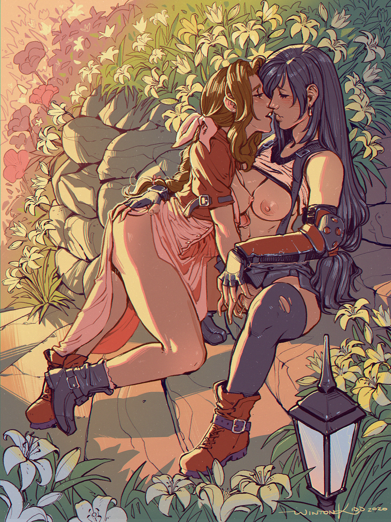 2girls, aerith gainsborough, blush, boobs, breasts, closed eyes, clothed, clothed sex, female, final fantasy, final fantasy vii, fingering, fingerless gloves, flower, flowers, garden, grinding on leg, imminent kiss, lesbian, lesbian sex, multiple females, multiple girls, nipples, outdoors, outside, pussy, pussy juice, romantic, sex, tender, thigh riding, thighhighs, tifa lockhart, torn legwear, wet, wet pussy, wintonkidd, yuri