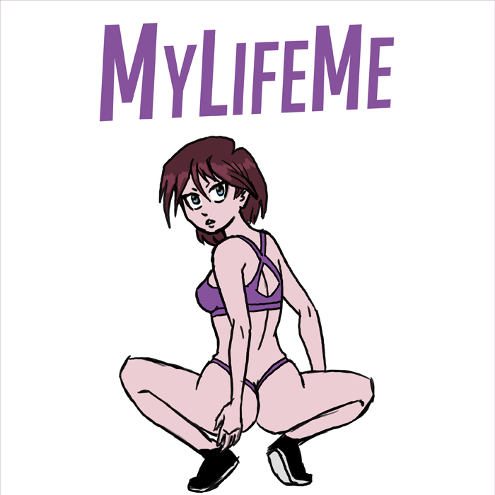 1girls anaconda_(song) anaconda_pose back_view birch_small black_shoes blue_eyes brown_hair female_only from_behind looking_at_viewer looking_back my_life_me parody petite purple_bra purple_panties rear_view short_hair simple_background solo title white_background