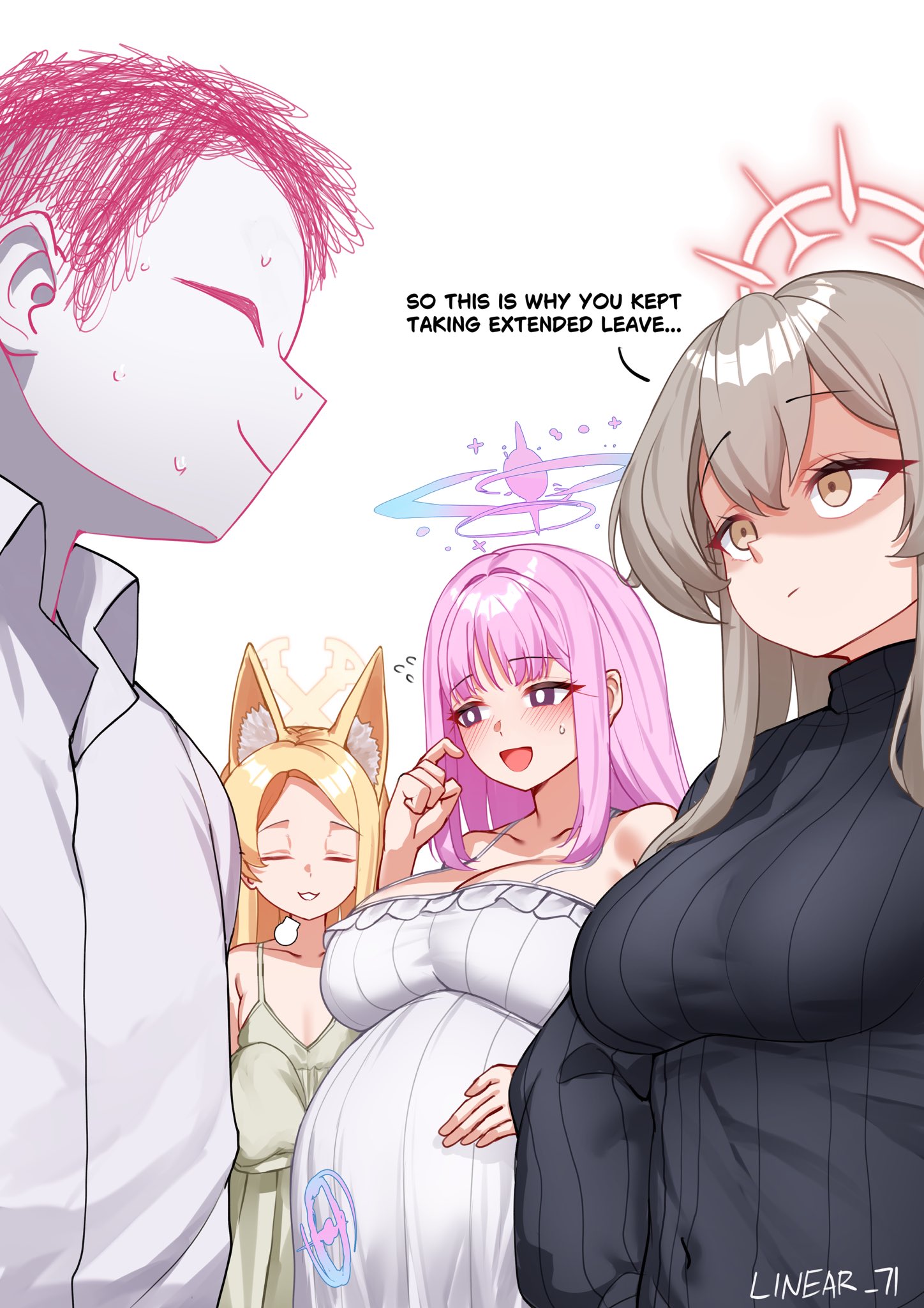 1boy, 3girls, big breasts, blue archive, blush, brown hair, cleavage, embarrassed, english text, female, female focus, halo, linear 71, long hair, male, maternity clothes, maternity dress, meme, mika (blue archive), nervous, pink hair, pregnancy halo, pregnant, sensei (blue archive), smile, sweat, sweater