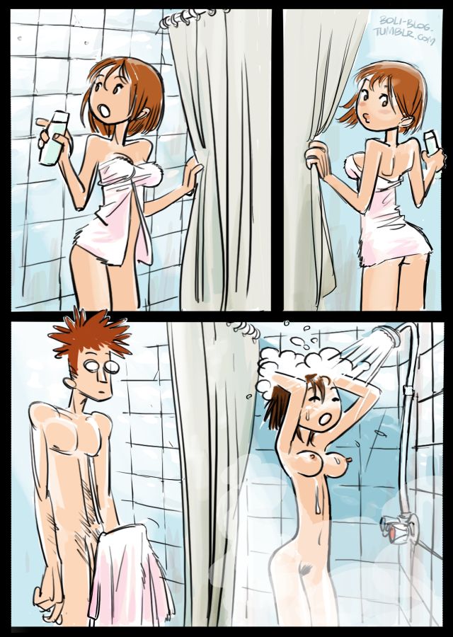 1boy, au (artist), boli-blog, boner, comedy, comic, female, ginger hair, male, showering, towel