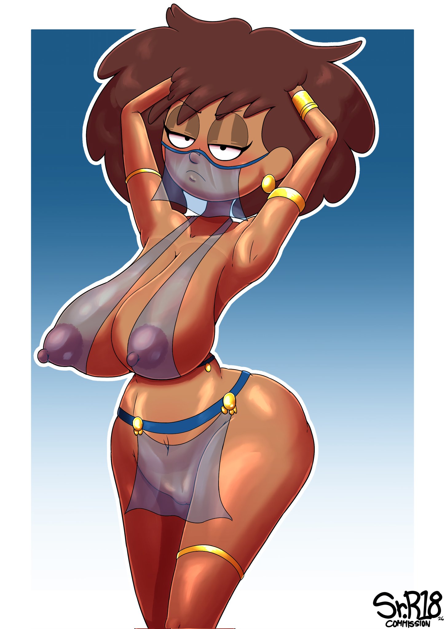 amphibia, anne boonchuy, areolae, ass, big ass, big breasts, breasts, dark skin, dark-skinned female, disney, erect nipples, female, female only, harem outfit, looking at viewer, nipples, pussy, sr r18nsfw, translucent, translucent clothing