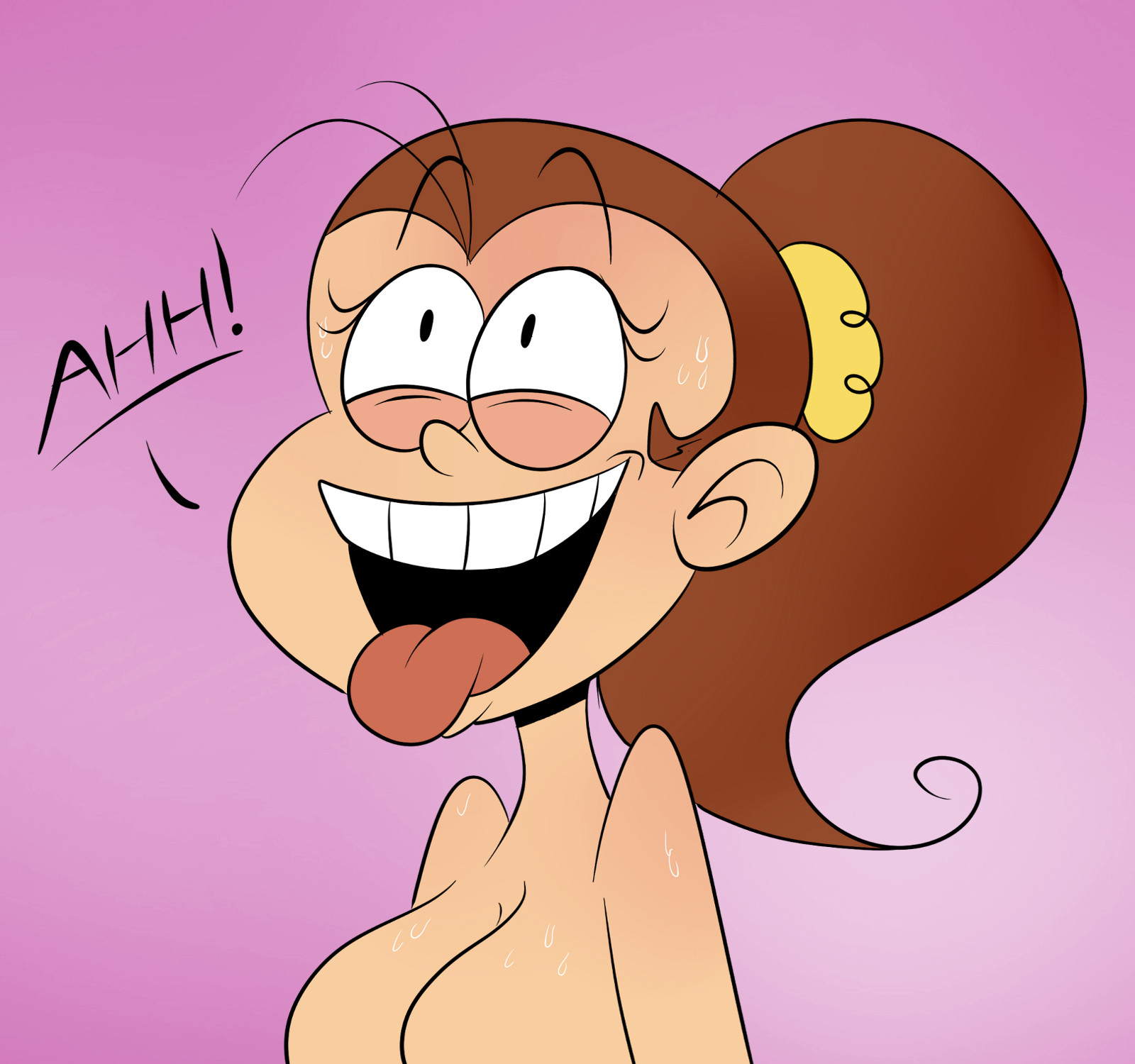 1girls, ahe gao, big breasts, breasts, brown hair, female, female only, half-closed eyes, large breasts, luan loud, naked, nude, older, ponytail, scobionicle99, solo, straight hair, sweat, sweatdrop, the loud house, tongue, tongue out