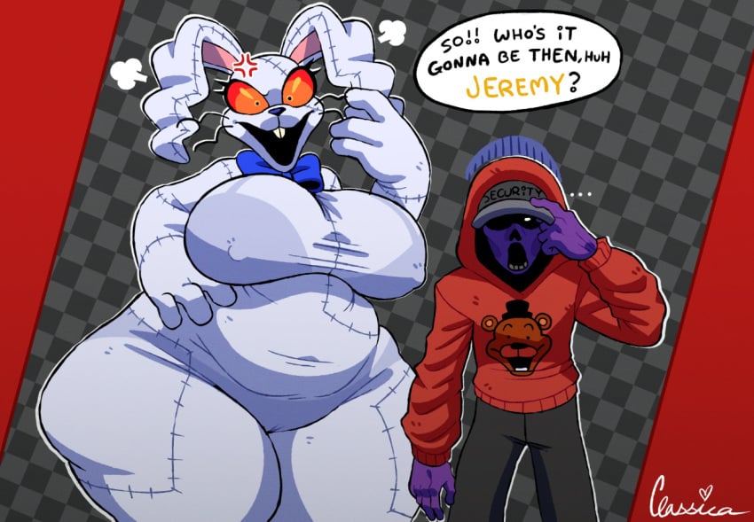 1boy, 1boy1girl, 1boys, 1girl, 1girl1boy, 1girls, 1male, 2d, 2d (artwork), 2d artwork, big ass, big breasts, big butt, big female, big thighs, bunny, bunny costume, bunny ears, bunny teeth, bunnysuit, chubby, chubby female, classica p, fat, fat ass, fat female, fatass, female, female focus, five nights at freddy's, five nights at frickbears, five nights at frickbears 3, giant ass, giant breasts, giantess, michael afton, mouth, mouth open, obese, obese female, off screen character, overweight, overweight female, purple skin, red eyes, red eyes female, security, security hat, skin tight, suit, talking, talking to viewer, text, text bubble, vanny, vanny (fnaf), vanny (frickbears)