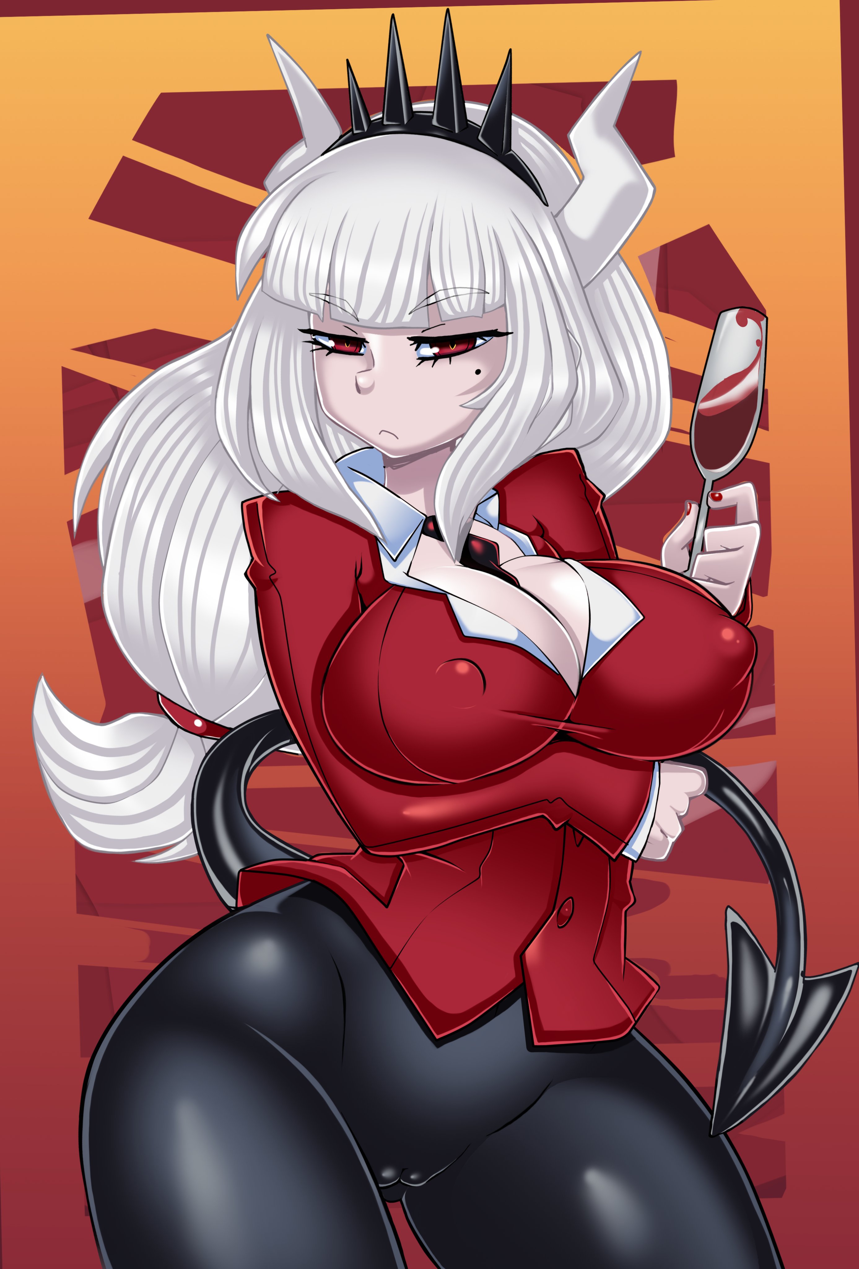 1girls, bayeuxman, breasts, cameltoe, cleavage, erect nipples, female, female only, helltaker, large breasts, looking at viewer, lucifer (helltaker), nipples, pussy, solo, thick thighs, tisinrei, wide hips