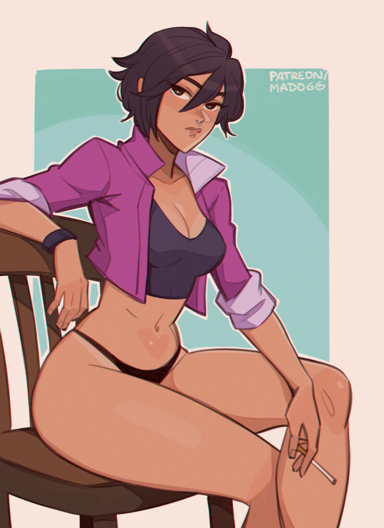 1female, 1girls, 2026, 2d, 2d (artwork), bare legs, black hair, black hair female, black panties, breasts, brown eyes, chair, cigarette, cleavage, courtney (dispatch), crop top, cropped jacket, crossed legs, curvy, curvy female, dispatch (game), eyelashes visible through hair, female, female only, glistening, glistening body, glistening hair, glistening thighs, holding cigarette, invisigal, madogg, no pants, on chair, panties, pantsless, piercing, revealing clothes, septum ring, short hair, simple background, sitting, sitting on chair, solo, solo female, tagme, tan skin, thighs, underwear, video game character, video games, watermark, white border