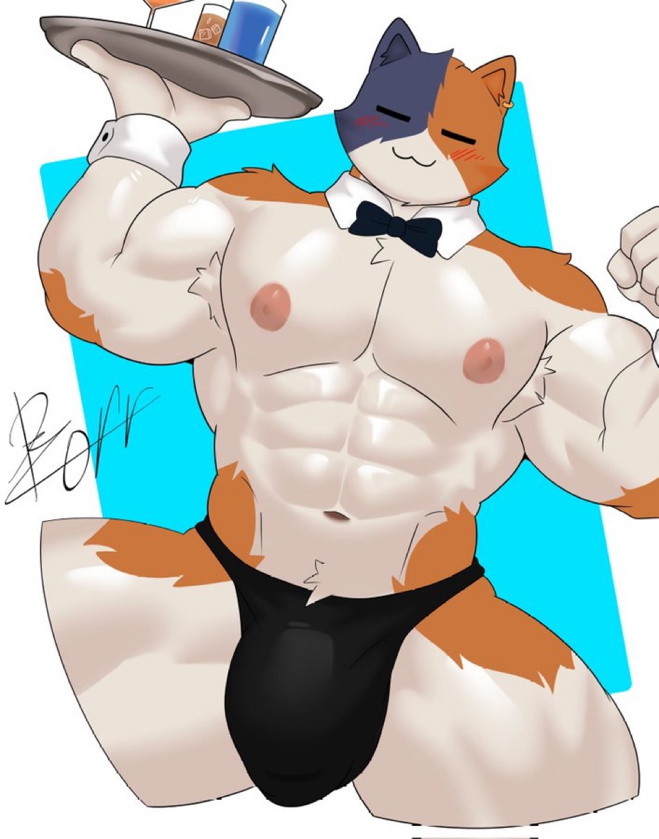 abs, alcohol, armpit hair, armpits, axoarts, biceps, big biceps, big pecs, bulge, calico cat, closed eyes, collar, drinks, ear piercing, flexing, flexing bicep, fortnite, fortnite: battle royale, furry, g-string, male only, meowscles, meowscles (fortnite), muscular, muscular male, muscular thighs, nipples, pecs, penis bulge, piercing, simple background, six pack, tattoo, thong, waiter, waiter tray