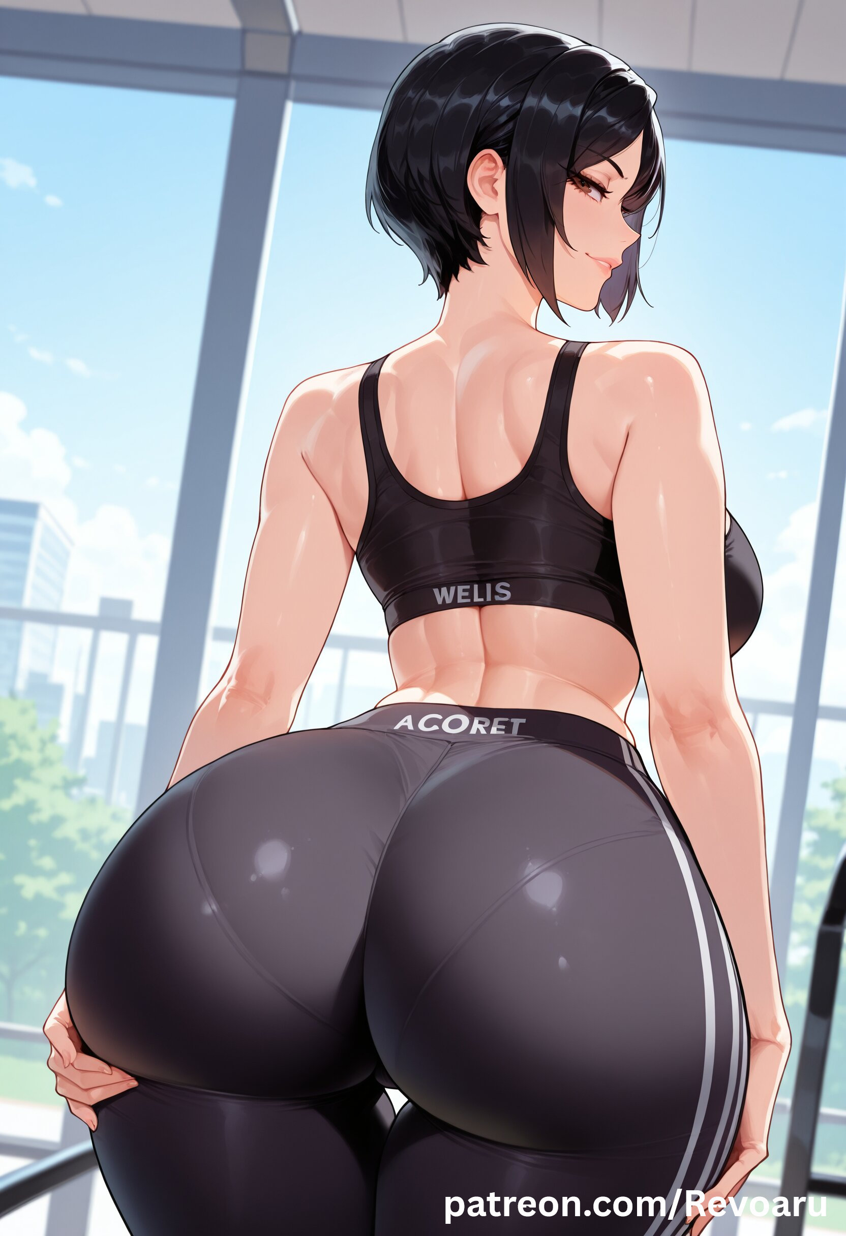 ada wong, ai generated, ass, ass focus, big breasts, black hair, breasts, female, huge breasts, mature, mature female, quality, resident evil, revoaru, solo, sports bra, thick thighs, thighs, workout clothes, yoga pants