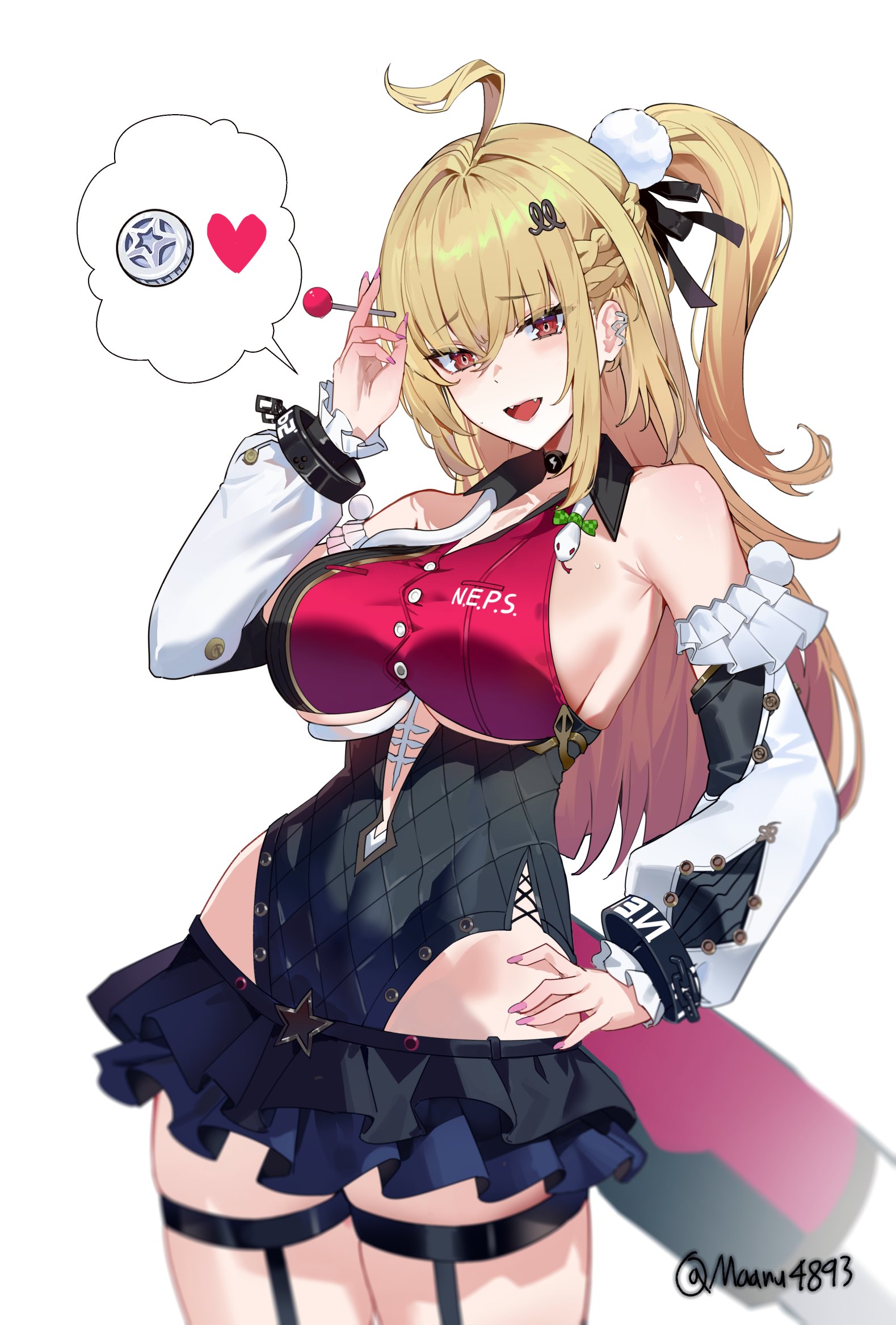 1girls, big breasts, black leotard, black skirt, blonde hair, breasts, candy, cissia (zenless zone zero), colored nails, commentary, detached sleeves, female, female only, food, hand on own hip, highres, holding, holding candy, holding food, holding lollipop, large breasts, leotard, lollipop, long hair, long nails, looking at viewer, maanu, metal wrist cuffs, miniskirt, painted nails, pink nails, red eyes, shock collar, simple background, skirt, snake, snake girl, snake tail, solo, tail, underboob, untranslatable commentary, white background, white snake, zenless zone zero