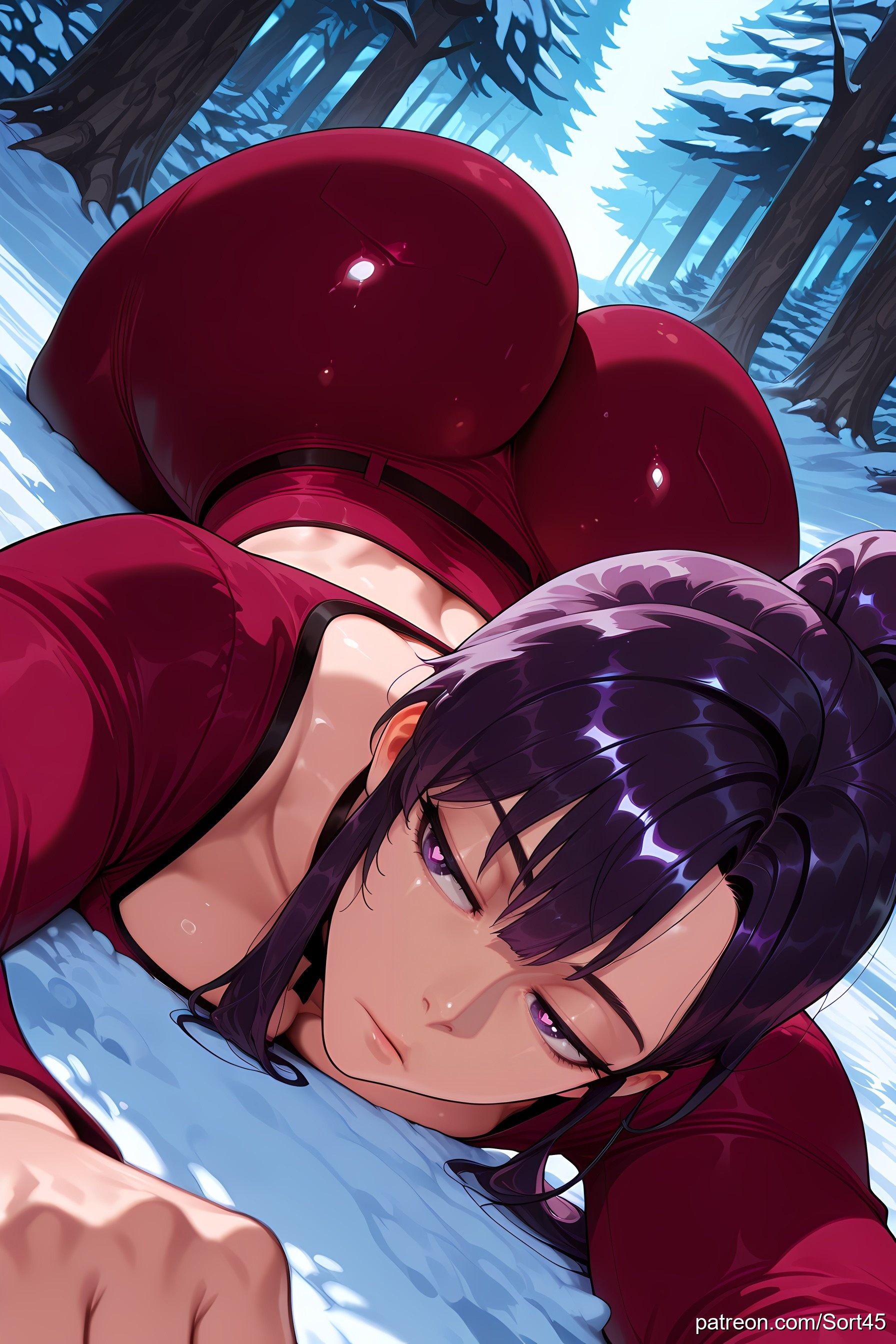 ai generated, big ass, purple eyes, purple hair, red dress, snow, solo leveling, sort45, sung jin-ah, trees