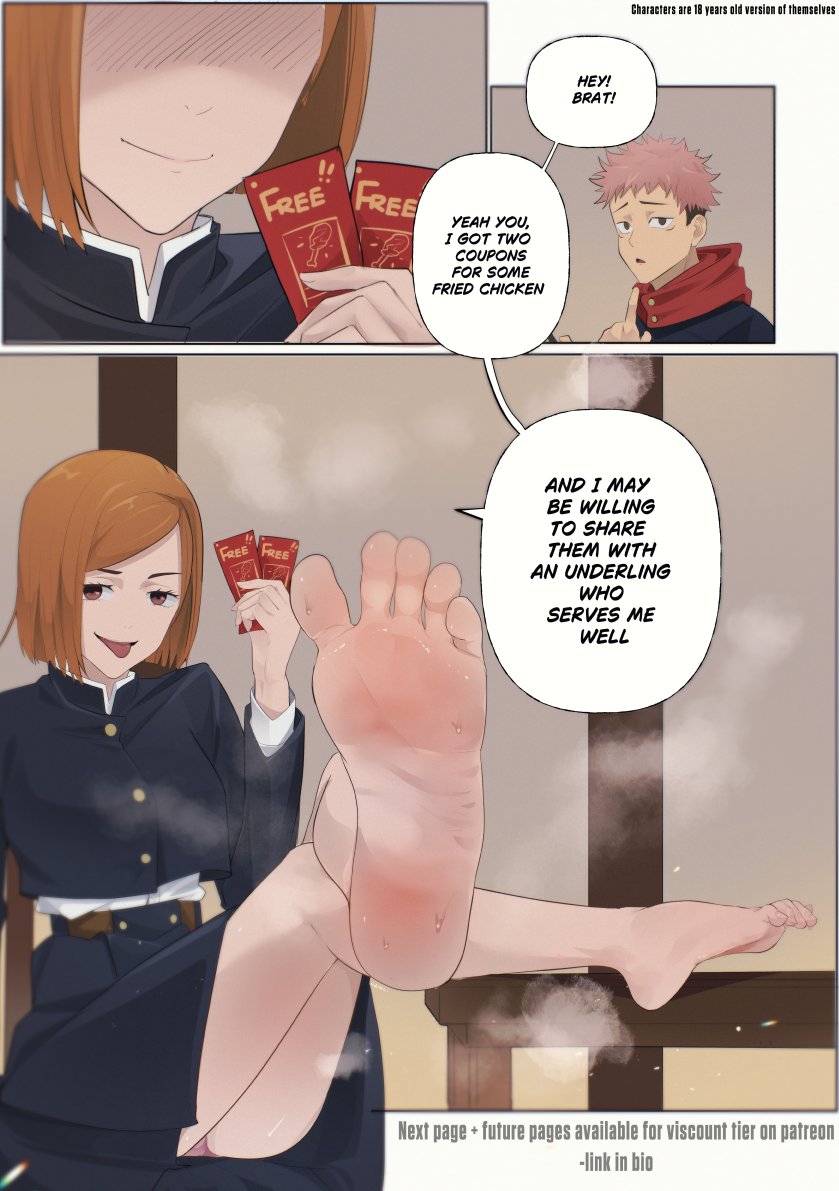 english text, feet, feet focus, foot fetish, foot focus, itadori yuuji, jujutsu kaisen, kugisaki nobara, musk, nekoyokai, smelly feet, soles, speech bubble, sweat, toes, tongue out