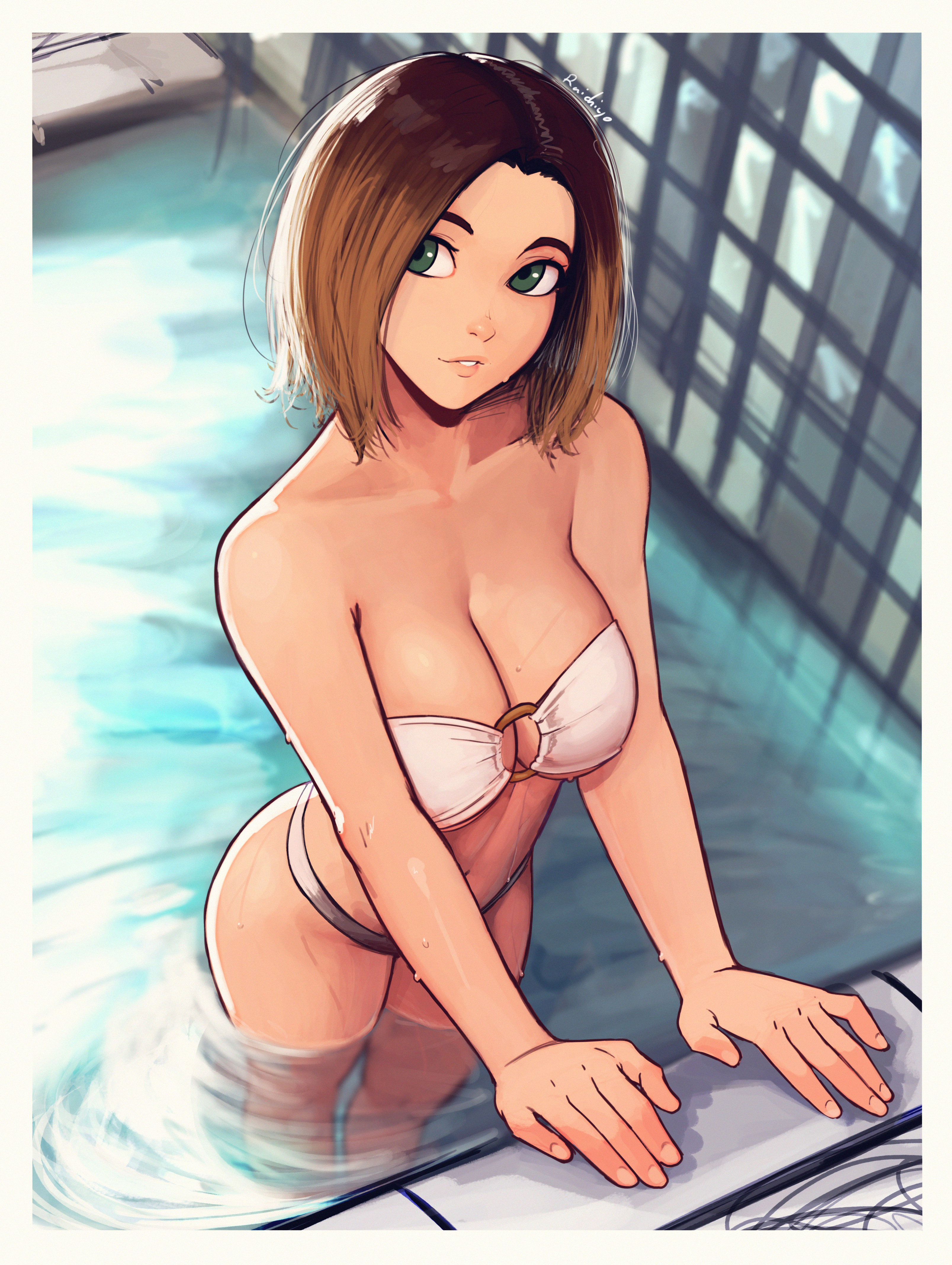 1girls, bikini, breasts, brown hair, cleavage, female, green eyes, highres, large breasts, looking at viewer, looking up, medium hair, original character, pool, raichiyo33, solo, standing, water