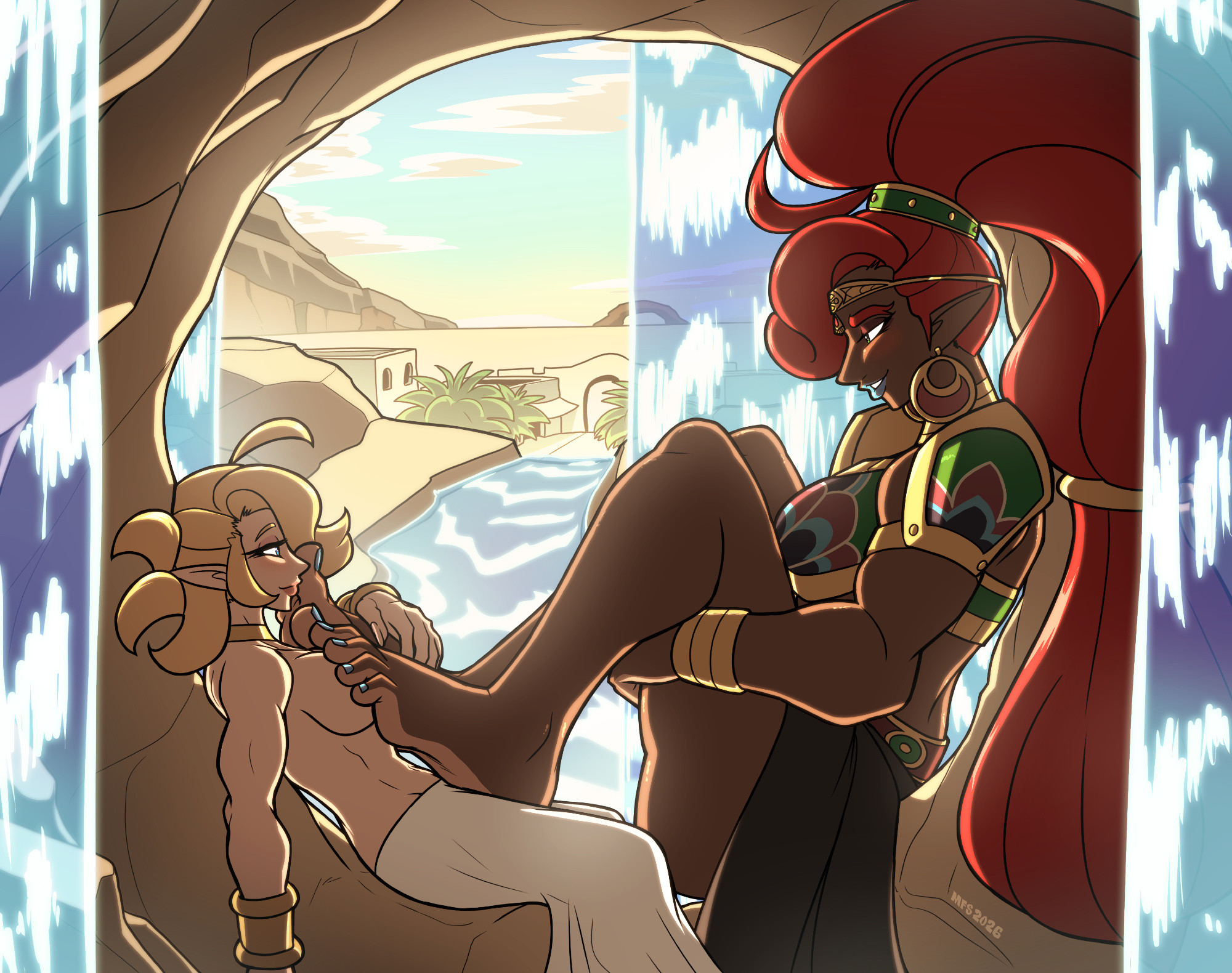 2026, 2girls, arms under legs, barefoot, blonde eyebrows, blonde hair, blonde hair female, blonde-haired female, blue eyes, blue eyes female, blue nail polish, blue nails, blue toenails, breath of the wild, clouds, countershade feet, dark skin, dark-skinned female, desert, earrings, fair skin, fair-skinned female, feet, feet on breasts, feet on chest, female, female focus, female only, foot fetish, gerudo, gerudo town, gold bracelet, gold bracelets, gold choker, gold circlet, green eyes, green eyes female, hi res, high resolution, highres, hylian, hylian ears, larger female, legs held, mostlyfunstuff, nintendo, ornate clothing, ornate jewelry, palm tree, ponytail, ponytail female, red eyebrows, red hair, red hair female, smaller female, the legend of zelda, topless, topless female, urbosa, waterfall