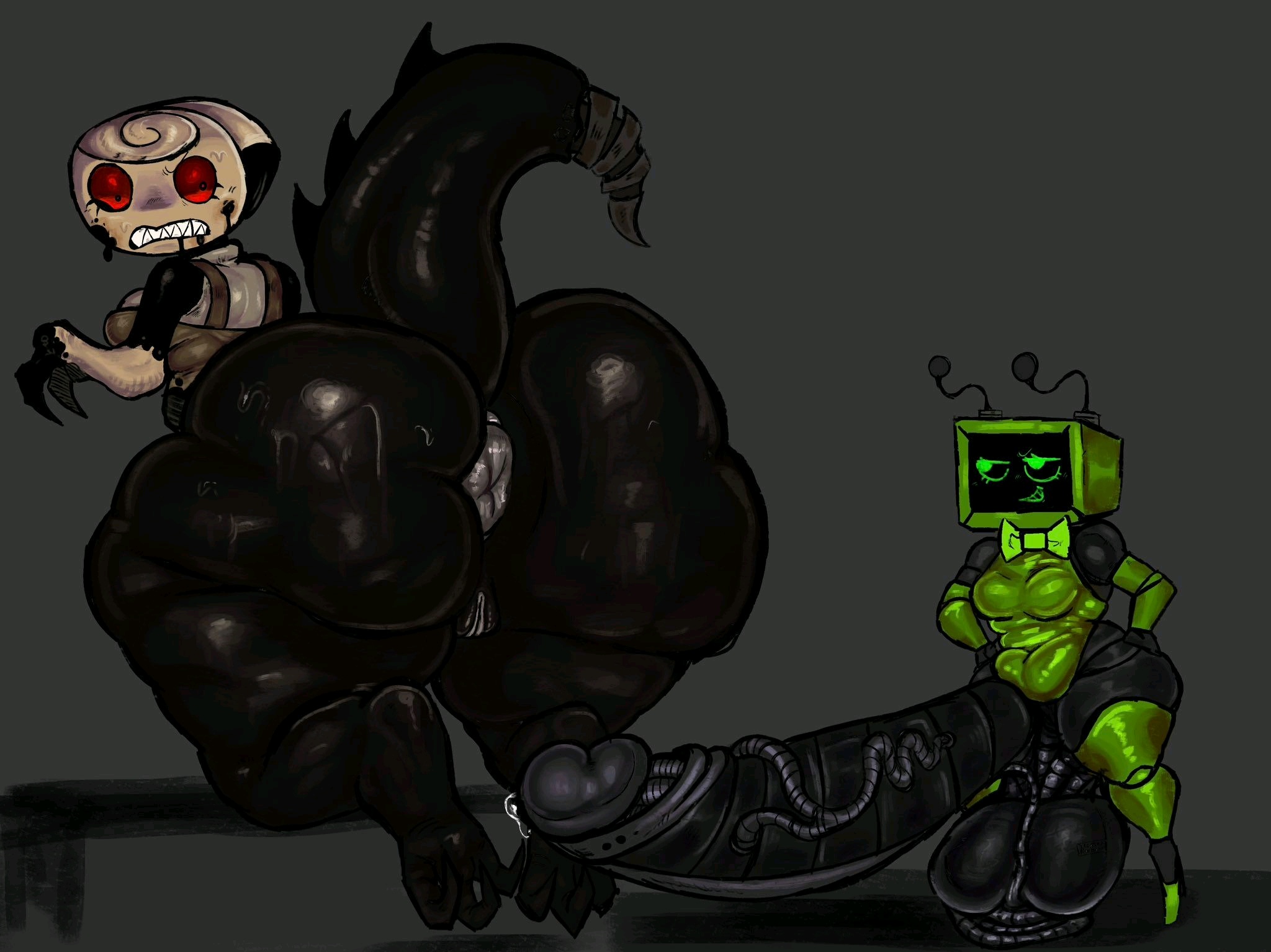1futa, 1futa1girl, 1girl1futa, 1girls, ass focus, beige body, black body, blushcrunch studio, bottom heavy, dandy's world, dandys world, disumisu2, female, fully clothed, futanari, green body, green eyes, huge ass, humanoid penis, hyper, hyper ass, hyper balls, hyper genitalia, hyper penis, multicolored body, penis, precum bubble, precum drip, precum on penis, probably stinks, red eyes, roblox, roblox game, shelly (dandy's world), simple background, size difference, sweaty body, tagme (artist), tagme (source), tan body, thick thighs, twisted shelly (dandy's world), vee (dandy's world), veiny penis, wide hips, yuri