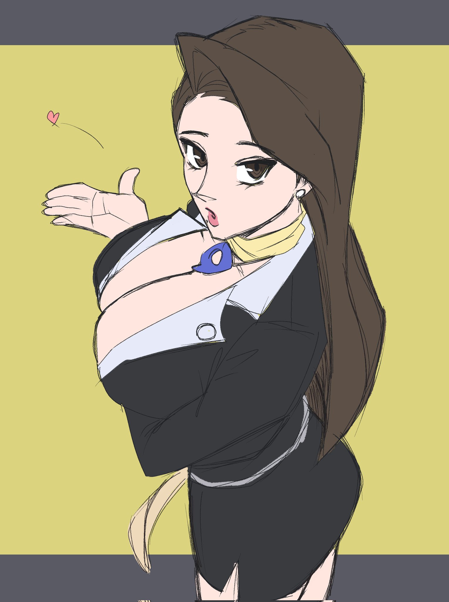 1girls, big breasts, breasts, brown eyes, brown hair, capcom, choker, cleavage, earrings, ekowrosmi, formal, gyakuten saiban, heart, huge breasts, jacket, jewelry, large breasts, lipstick, long hair, looking at viewer, makeup, mia fey, miniskirt, necklace, pencil skirt, red lipstick, skirt, solo, suit, thighhighs, yellow background