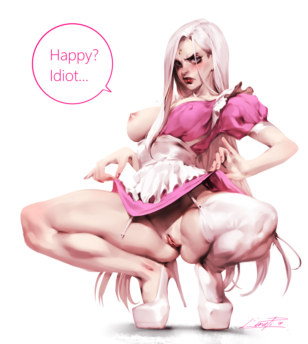 1girls, angelise reiter, areolae, blue eyes, breasts, dress, dress lift, female, female focus, female only, final fantasy, final fantasy xiv, high heels, lerapi, long hair, looking at viewer, nipples, pink dress, pussy, solo, speech bubble, spread legs, square enix, squatting, stiletto heels, text, text bubble, thick thighs, thighs, very high heels, white background, white hair