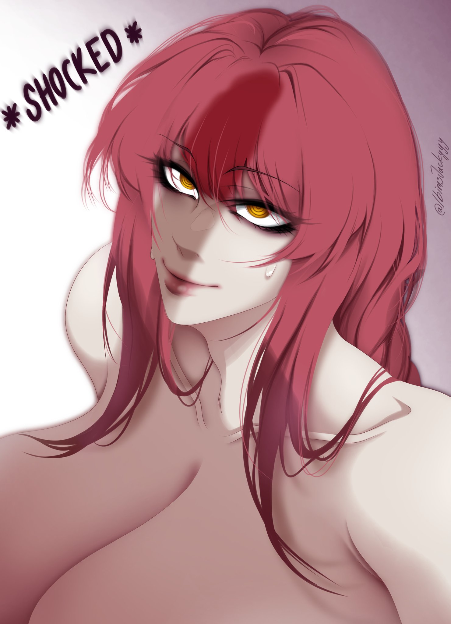 big breasts, breasts, chainsaw man, cock shadow, cock shock, ibimsjackyyy, large breasts, large penis, makima (chainsaw man), penis awe, penis shadow, penis size comparison, red hair, shadow, small penis humiliation, text, yellow eyes