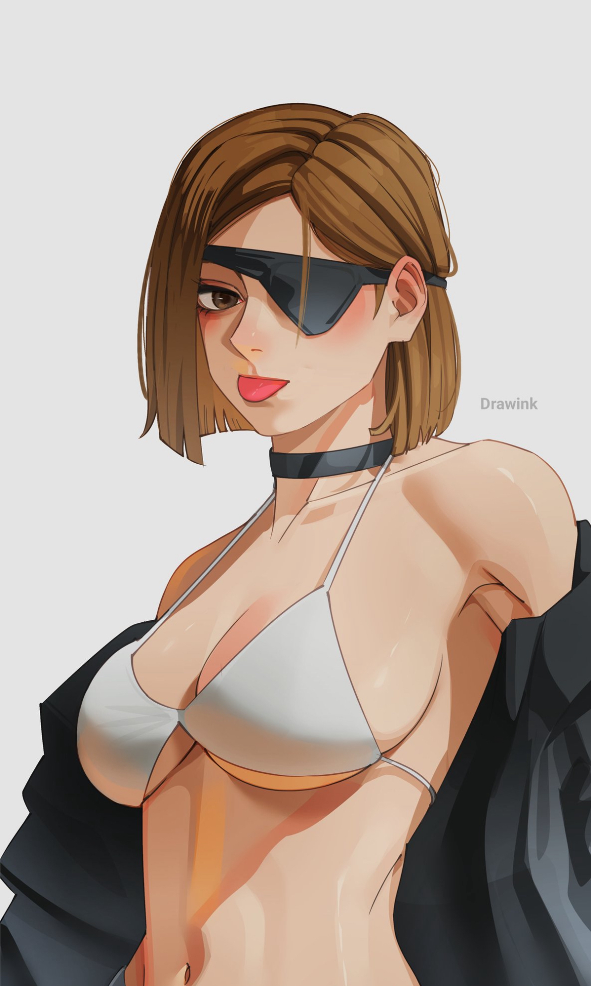 1girls, armpit peek, big breasts, bikini top, bob cut, brown hair, brown-haired female, coat on shoulders, drawink, eyepatch, jujutsu kaisen, kugisaki nobara, midriff, short hair, sideboob, tongue out, underboob