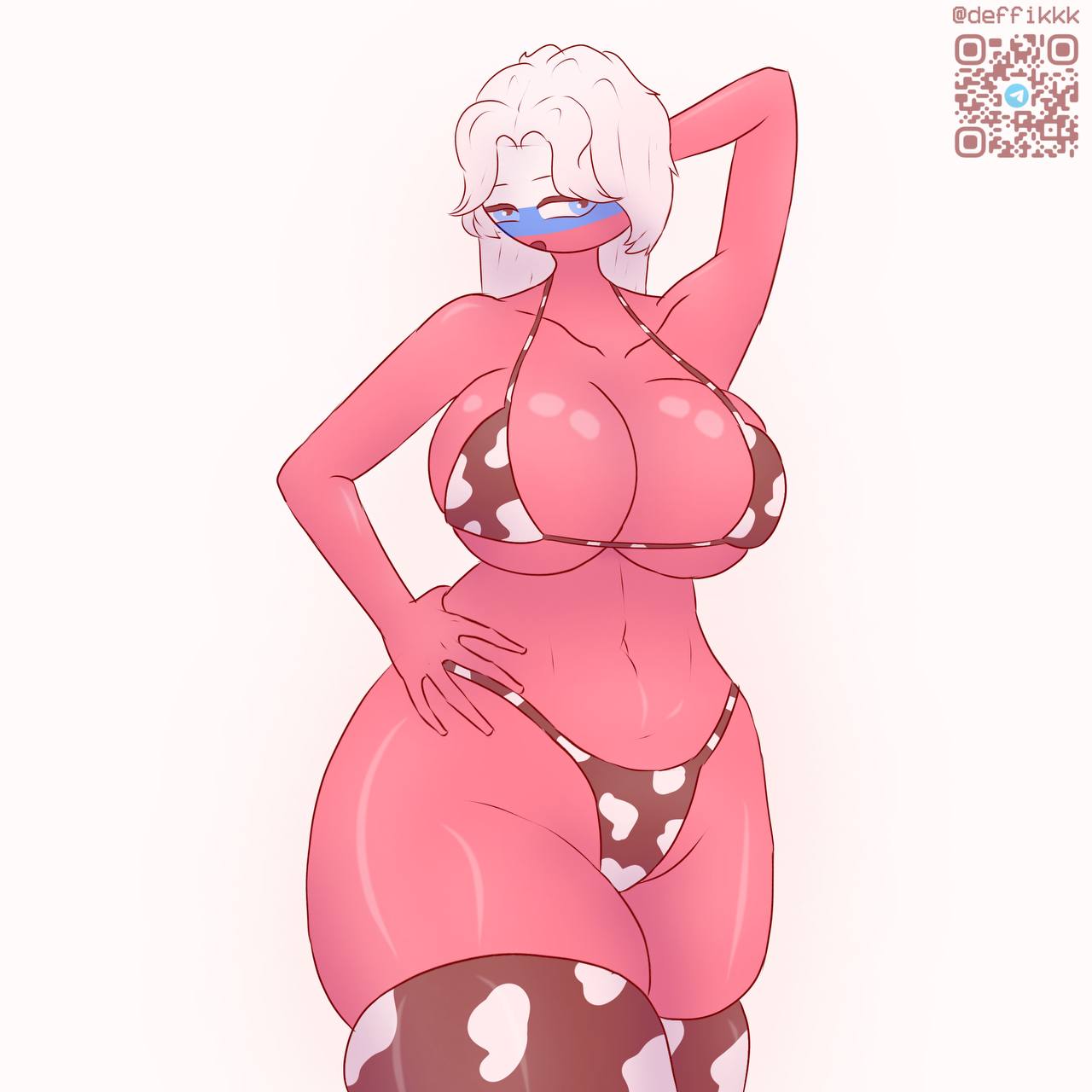 1girls, bikini, bikini bottom, bikini top, blue eyes, breasts, commission, countryhumans, countryhumans girl, cow bikini, cow girl, da, deffikkk, female, female focus, female only, girl, hand behind head, hand on belly, hands behind head, hands on belly, oiled, oiled body, oiled skin, open clothes, open mouth, red body, red skin, request, russia (countryhumans), stockings, thick thighs, white hair