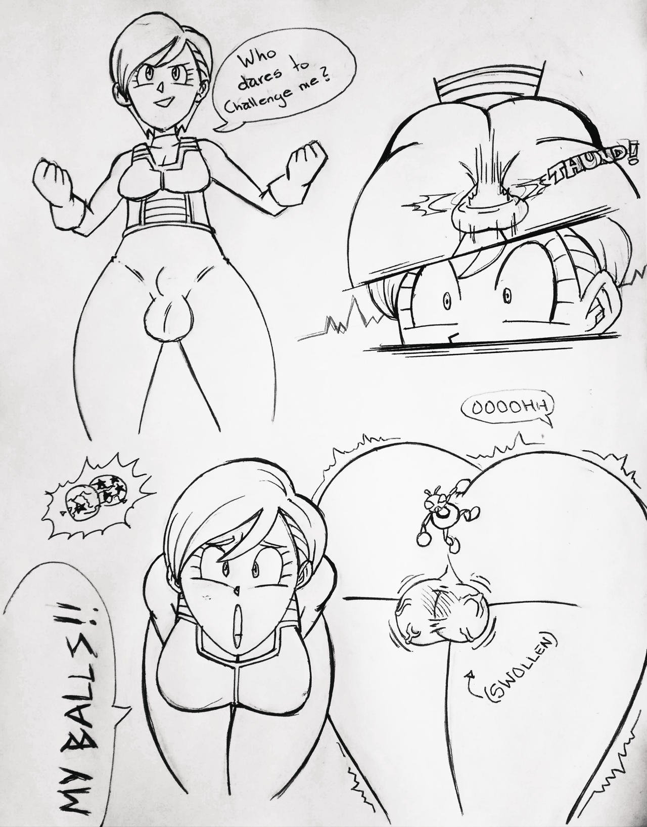1futa, armor, ass, ballbusting, balls, bodysuit, bulge, bulma briefs, cerrano45, cock and balls torture, damon (dragon ball), dialogue, dragon ball, dragon ball super, dragon ball z, futanari, gloves, hitting balls, speech bubble, swollen balls, tight clothing, veiny balls