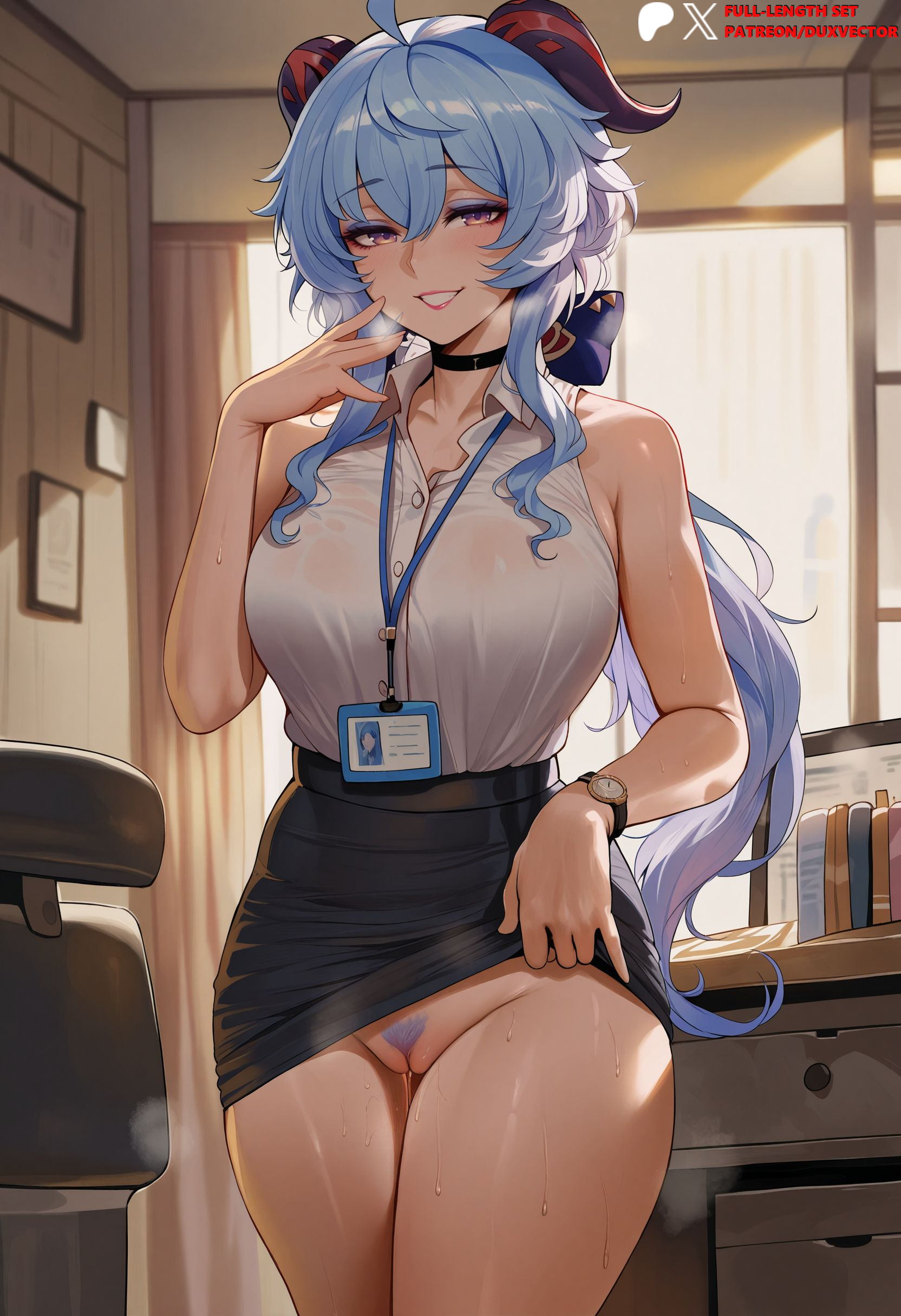 ahoge, ai generated, alternate costume, artist name, ass visible through thighs, bare arms, bare shoulders, black choker, black clothes, black skirt, blue hair, blush, bow, bra visible through clothes, breasts, chair, choker, cleft of venus, clothes lift, clothing, collarbone, collared shirt, colored pubic hair, contemporary, cowboy shot, curtains, desk, dress shirt, duxvector, female, female pubic hair, ganyu (genshin impact), genshin impact, goat horns, grin, hair between eyes, hairbow, hand up, high-waist skirt, horns, id card, indoors, lanyard, large breasts, lifted by self, long hair, looking at viewer, low ponytail, monitor, no panties, office, office chair, office lady, parted lips, patreon username, pencil skirt, pubic hair, purple eyes, pussy, pussy juice, seductive smile, see-through, shirt, shirt tucked in, sidelocks, skirt, skirt lift, sleeveless, sleeveless shirt, smile, solo, standing, steaming body, sweat, swivel chair, thighs, twitter logo, twitter username, very long hair, watch, wet, white shirt, window, wristwatch