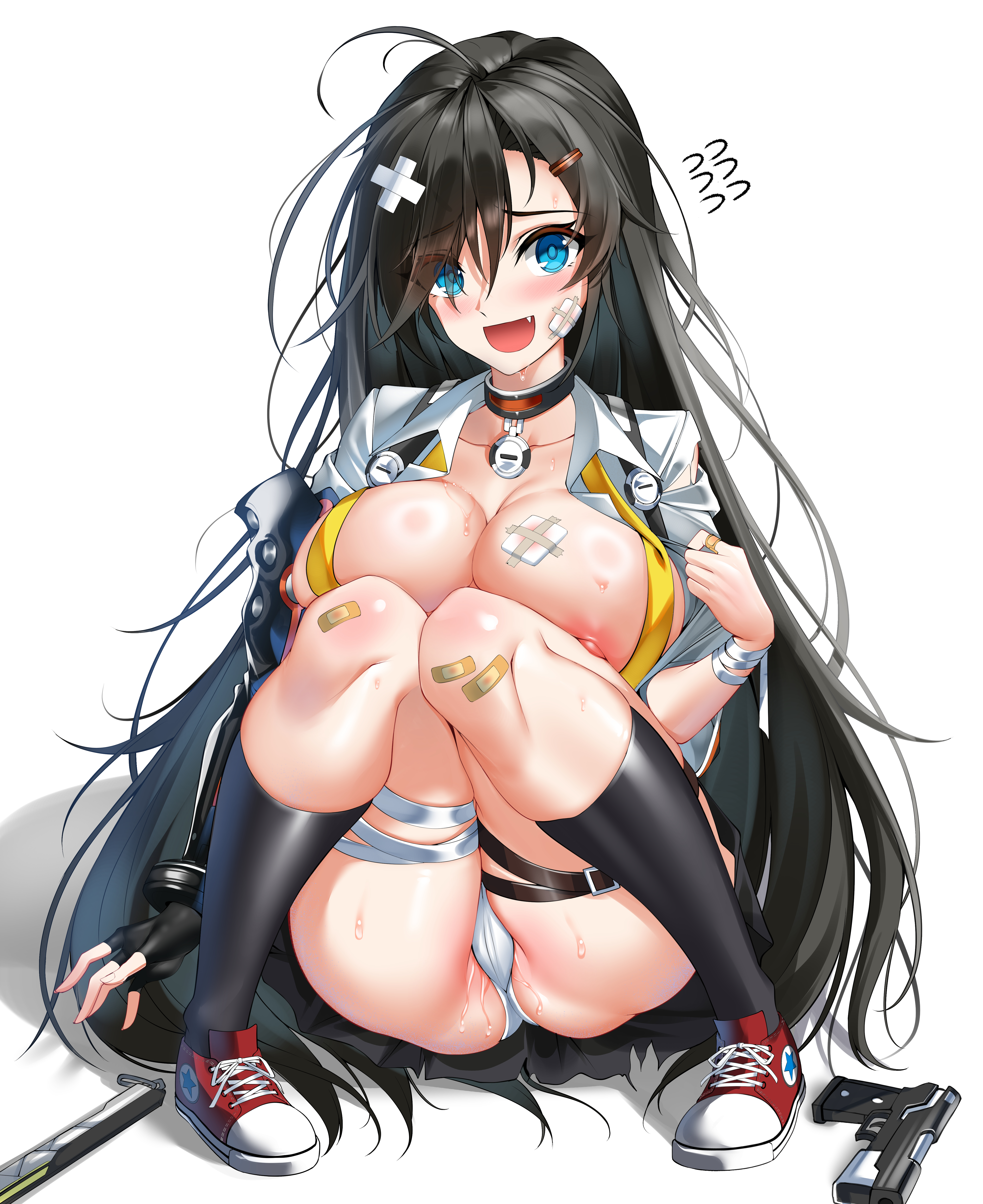 1girls, absurd res, absurdres, aerolae, ass, bandage, bandaid, beaten, big ass, big breasts, black choker, black gloves, black hair, black skirt, black socks, blue eyes, blush, breast press, breasts, breasts out, bruise, bruised, cameltoe, choker, closers, covering self, defeated, defeated heroine, elbow gloves, elze (s01047480836), embarrassed, embarrassed female, embarrassed nude female, female, female focus, female only, femsub, fingerless gloves, fit female, forced, forced exposure, gloves, gun, hi res, high resolution, highres, imminent rape, injury, knees together feet apart, knees up, large ass, large breasts, light-skinned female, long gloves, long hair, looking at viewer, necktie, nervous, nervous expression, nervous smile, nervous sweat, nipple slip, nipples, no bra, oerba yun fang, one glove, open clothes, open mouth, panties, partially clothed, patch, pussy, pussy juice, pussy juice drip, reaching for weapon, red shoes, ripped clothing, ryona, shirt, shoes, short sleeves, simple background, sitting, skirt, skirt lift, sneakers, socks, solo, solo focus, sweat, sweating, sword, thigh strap, tie, torn clothes, torn shirt, trying to cover up, unbuttoned, unbuttoned shirt, underwear, undone necktie, weapon, white panties, white shirt, white underwear, worried, worried expression, wounded, yellow necktie, yuri seo