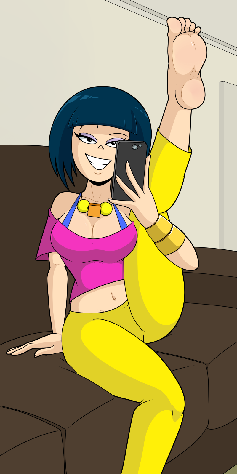 asian female, asian girl, asian woman, black hair, bob cut, bracelet, bridgette hashima, cleavage, close enough, eyeshadow, face hidden, feet, female, flexible, foot fetish, foot focus, grinning, holding phone, leg lift, looking at viewer, midriff baring shirt, nasiri (artist), necklace, sitting on couch, smartphone, smartphone in hand, tight pants