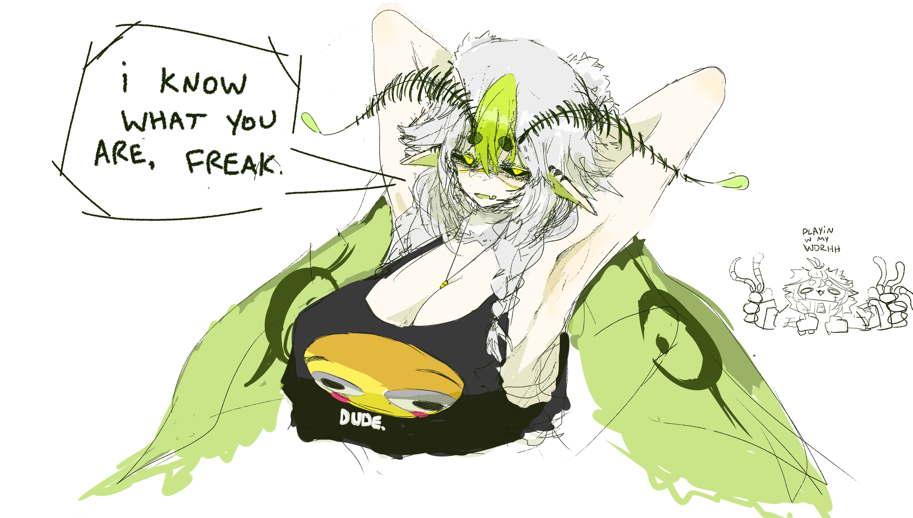 1girls, 1other, absurdres, antennae, armpits, arthropod girl, black sclera, black shirt, breasts, bug girl, cleavage, colored sclera, colored skin, female, flushed face emoji, green eyes, green hair, highres, huge breasts, indie virtual youtuber, insect wings, juniper actias, large breasts, looking at viewer, massive breasts, monster girl, moth antennae, moth girl, moth hair ornament, moth wings, multicolored hair, shirt, shrugzilla, virtual youtuber, voluptuous, vtuber, white hair, white skin, wings