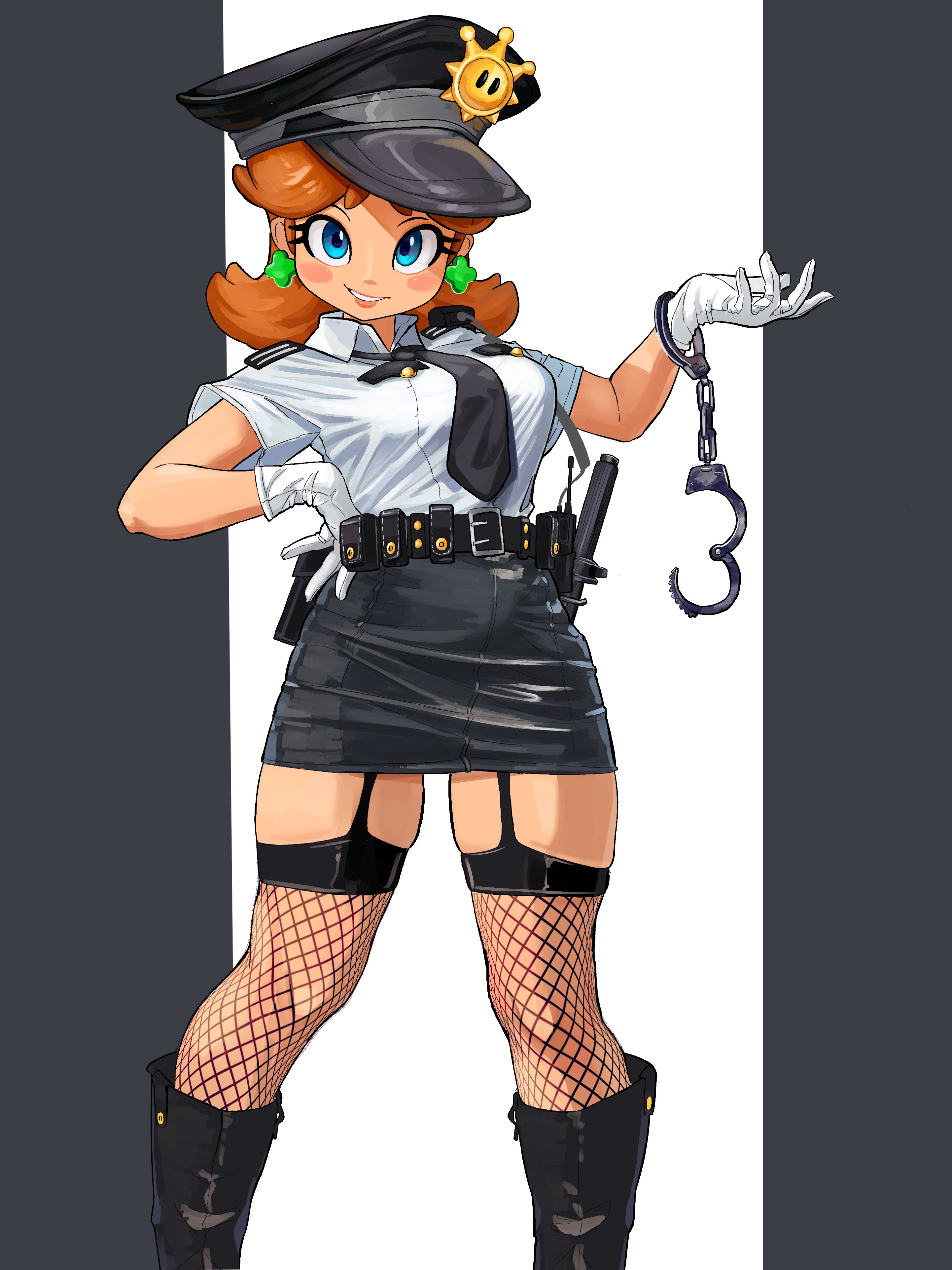 absurdres, baton (weapon), belt, black belt, black boots, black hair, black necktie, black skirt, blue eyes, blush, boots, border, breasts, brown hair, collared shirt, earrings, feet out of frame, female, fishnet thighhighs, fishnets, flipped hair, garter straps, gloves, grey border, hand on own hip, handcuff dangle, hat, highres, jewelry, looking at viewer, mario (series), medium breasts, medium hair, mineru128127, miniskirt, necktie, nintendo, parted bangs, parted lips, pillarboxed, police, police hat, police uniform, princess daisy, shirt, short sleeves, skirt, solo, thighhighs, weapon, white background, white gloves, white shirt