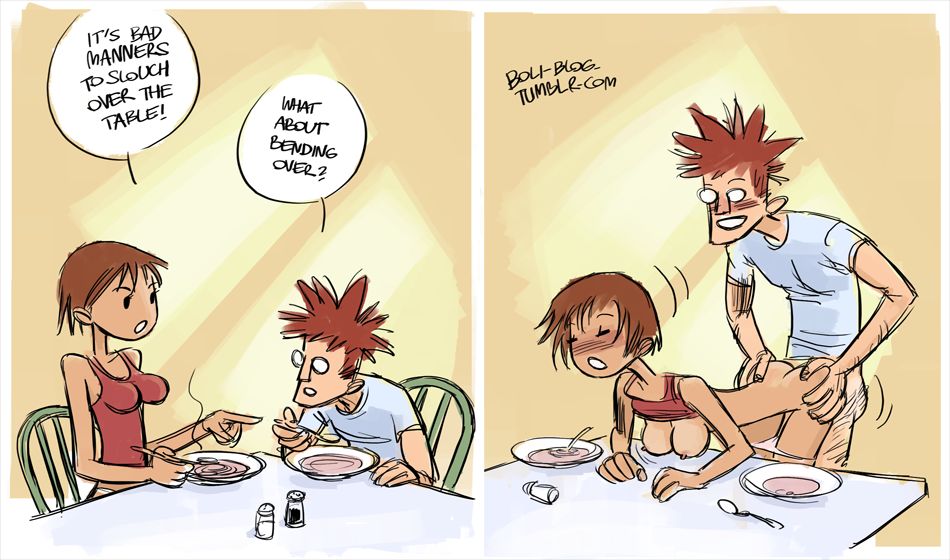 1boy, 1girls, au (artist), bent over table, boli-blog, brown hair, comic, dialogue, female, food, from behind, male, nipples, sex, short hair, standing sex, straight, text, text bubble