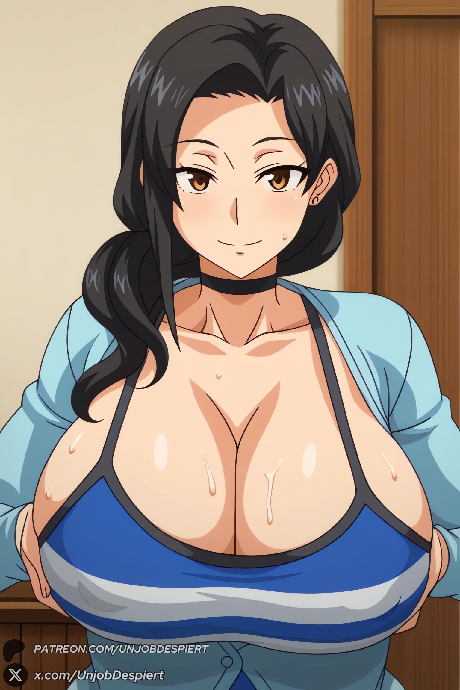 1female, 1girls, 2026, ai generated, artist name, big ass, big breasts, black hair, breasts, brown eyes, cardigan, choker, cleavage, collarbone, covered nipples, curvy, earrings, female, female only, hair over shoulder, hajimete no hitozuma, hi res, high quality, high resolution, highres, huge ass, huge breasts, jewelry, long hair, looking at viewer, mature female, patreon, patreon username, smile, solo, sweat, tomoko (hajimete no hitozuma), unjobdespiert, upper body, watermark, web address