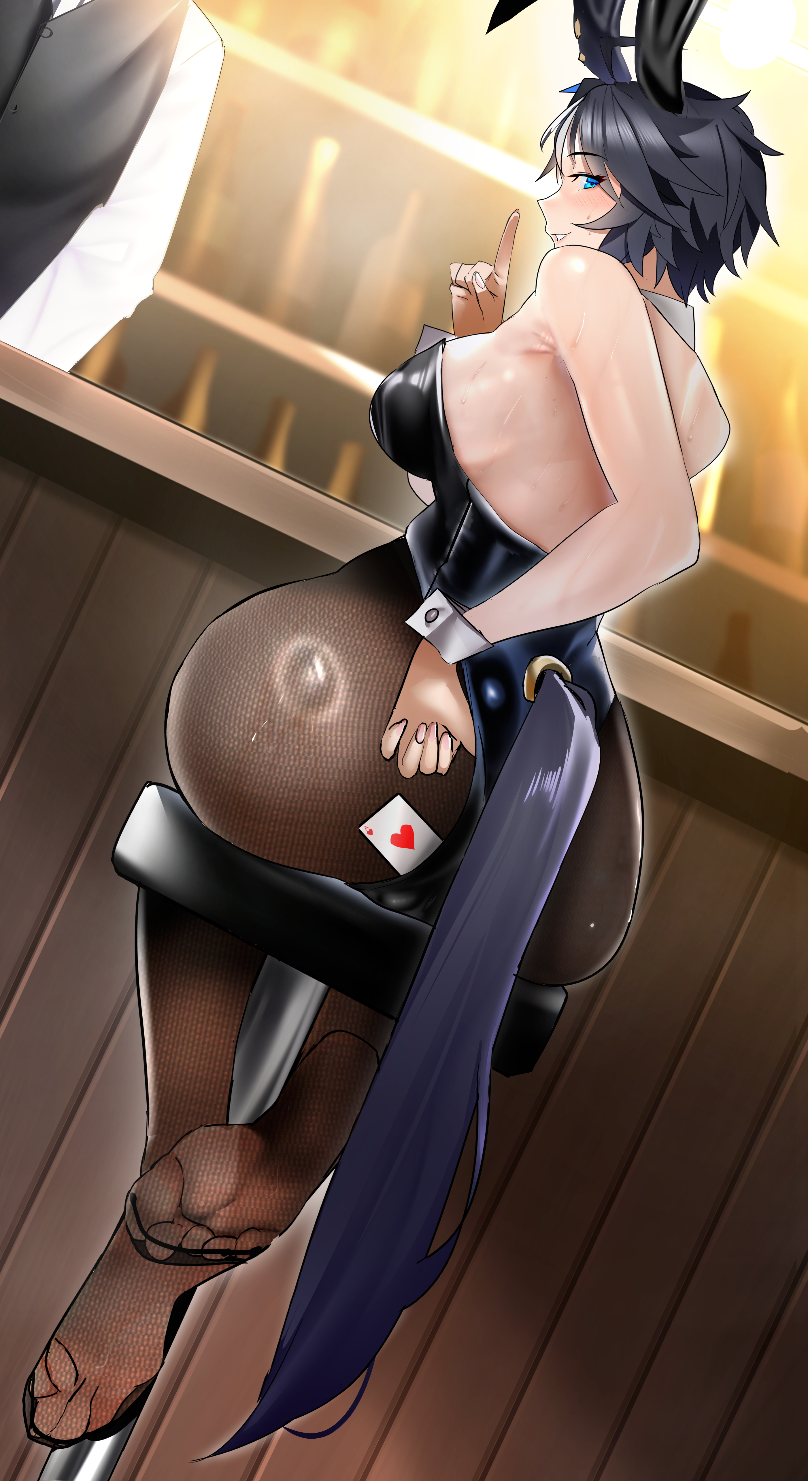1girls, 1other, absurdres, alternate costume, animal ears, ass, bare shoulders, black hair, black leotard, black pantyhose, blue eyes, blush, breasts, clothing cutout, commentary request, ear covers, feet, female, female only, foot focus, from behind, fuji kiseki (umamusume), highres, horse ears, horse girl, horse tail, index finger raised, jitome no tsugumi, large breasts, leotard, looking at viewer, looking back, no shoes, pantyhose, sitting, smile, solo focus, stool, strapless, strapless leotard, sweat, tail, tail through clothes, umamusume