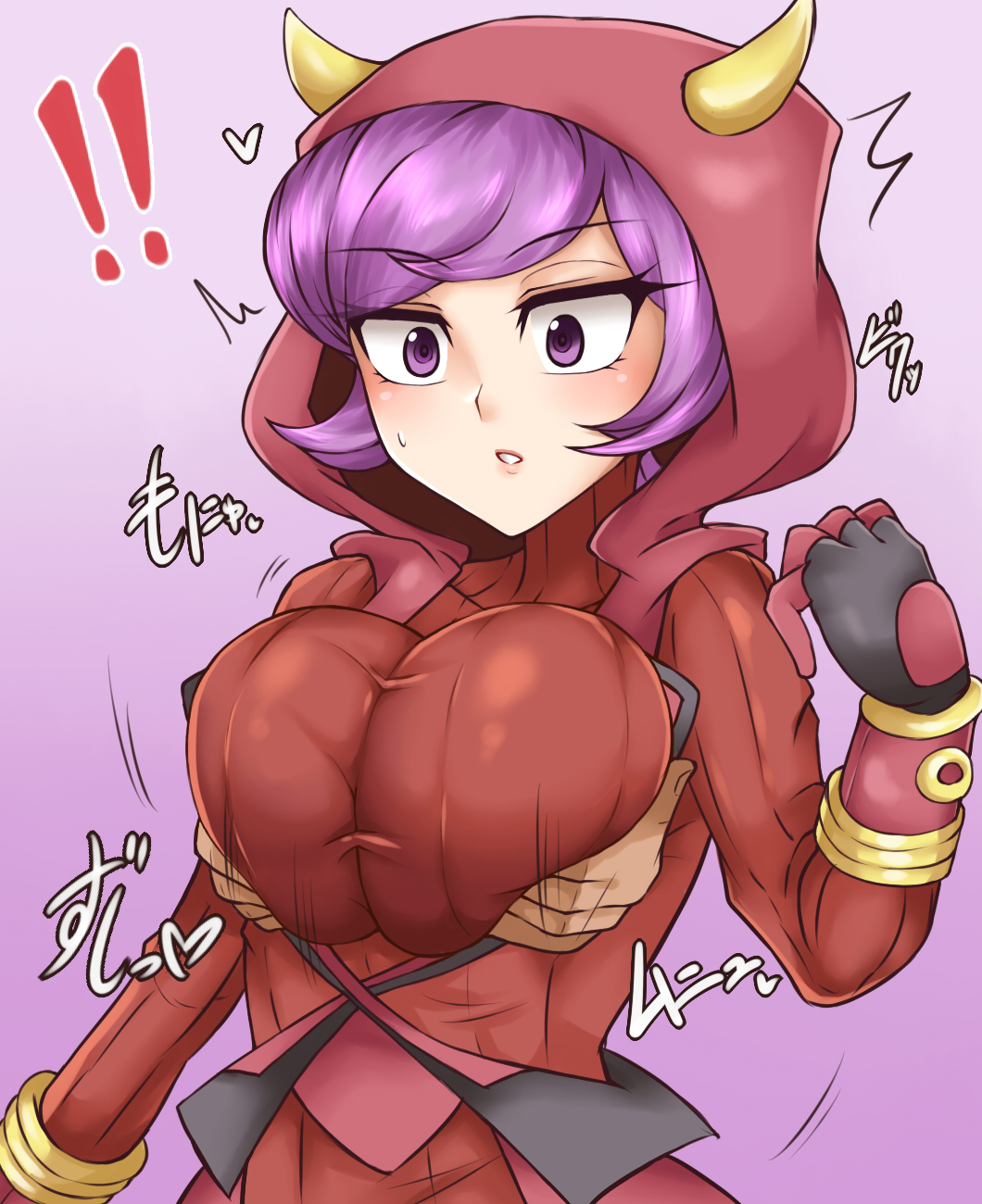 !, 1girls, alternate breast size, ambiguous gender, beruzumi-m, big breasts, blush, breast grab, breasts, cleavage, clothed, clothed female, courtney (pokemon oras), courtney (pokemon), disembodied hand, fake horns, female, fit, from behind, gloves, groping, hood, huge breasts, human, japanese text, large breasts, motion lines, nintendo, pokemon, pokemon oras, pokemon rse, purple background, purple hair, red eyes, short hair, solo focus, surprised, team magma, teeth, text, thin waist