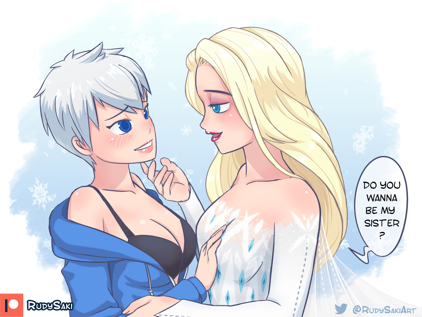 1girls, blonde hair, breasts, crossover, disney, disney princess, dreamworks, elsa (frozen), fanon couple, female, frozen (film), frozen 2, hair down, jack frost, jack frost (rise of the guardians), medium breasts, rise of the guardians, rudy saki, rule 63, short hair, yuri