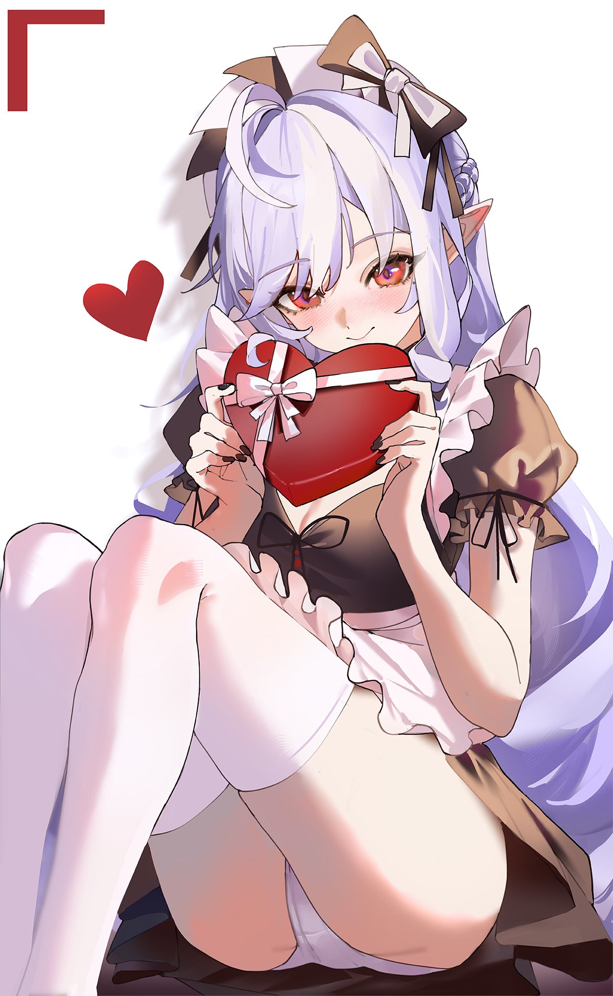 1girls, female, female only, heart, hoyoverse, long hair, maid, maid outfit, maid uniform, mihoyo, panties, pantyshot, pantyshot (sitting), purple hair, red eyes, thighhighs, underwear, upskirt, valentine's day, vivian banshee, white panties, white thighhighs, white underwear, zenless zone zero