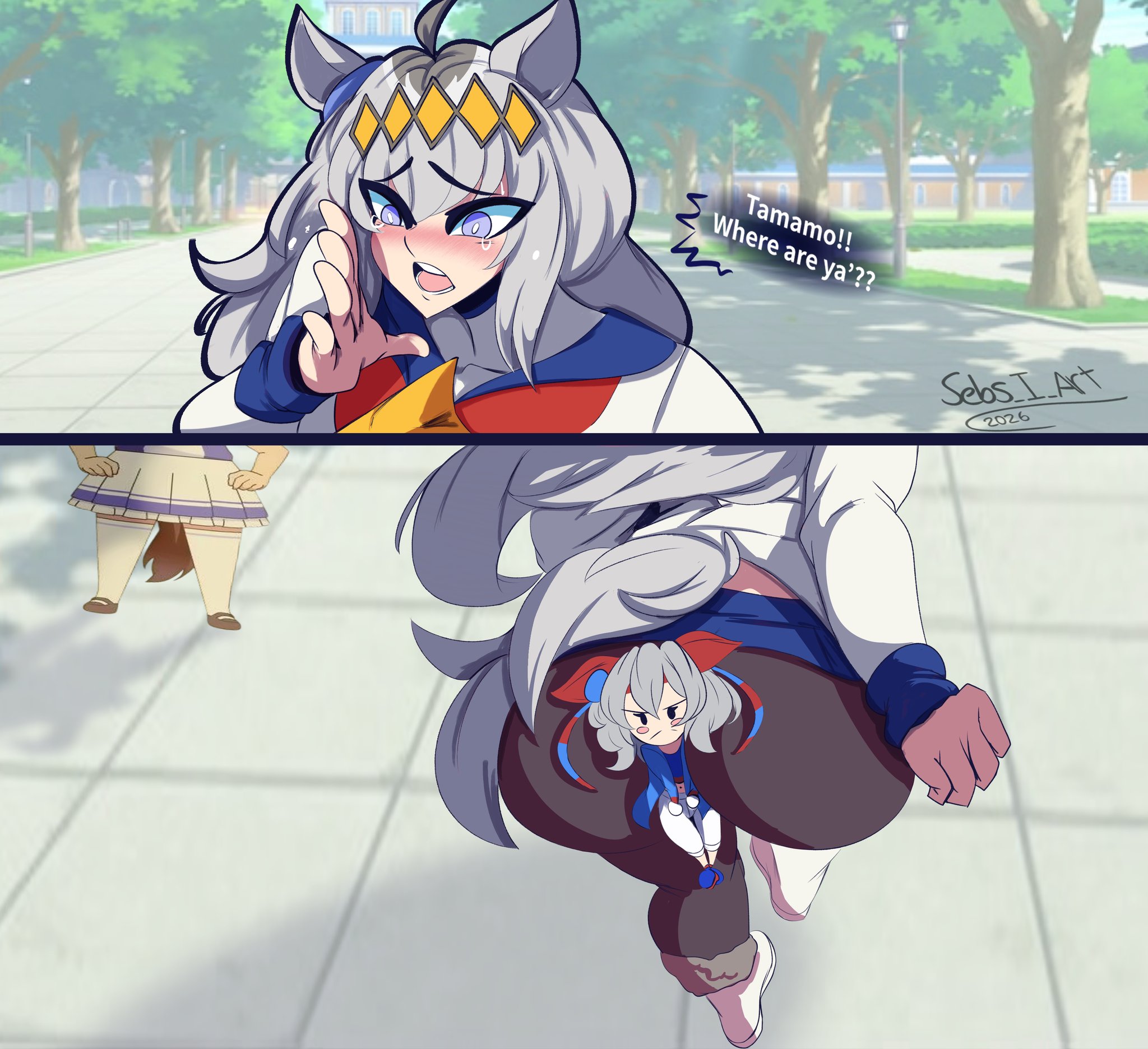 2girls, agnes tachyon (umamusume), animal ears, ass, between buttocks, big ass, bottom heavy, bubble butt, clothing, dialogue, fat ass, female, female only, horse girl, huge ass, large ass, meme, oguri cap (umamusume), pantyhose, redraw, sebs i art, size difference, tail, tamamo cross (umamusume), text, thick ass, thick thighs, umamusume, unaware, white hair, wide hips