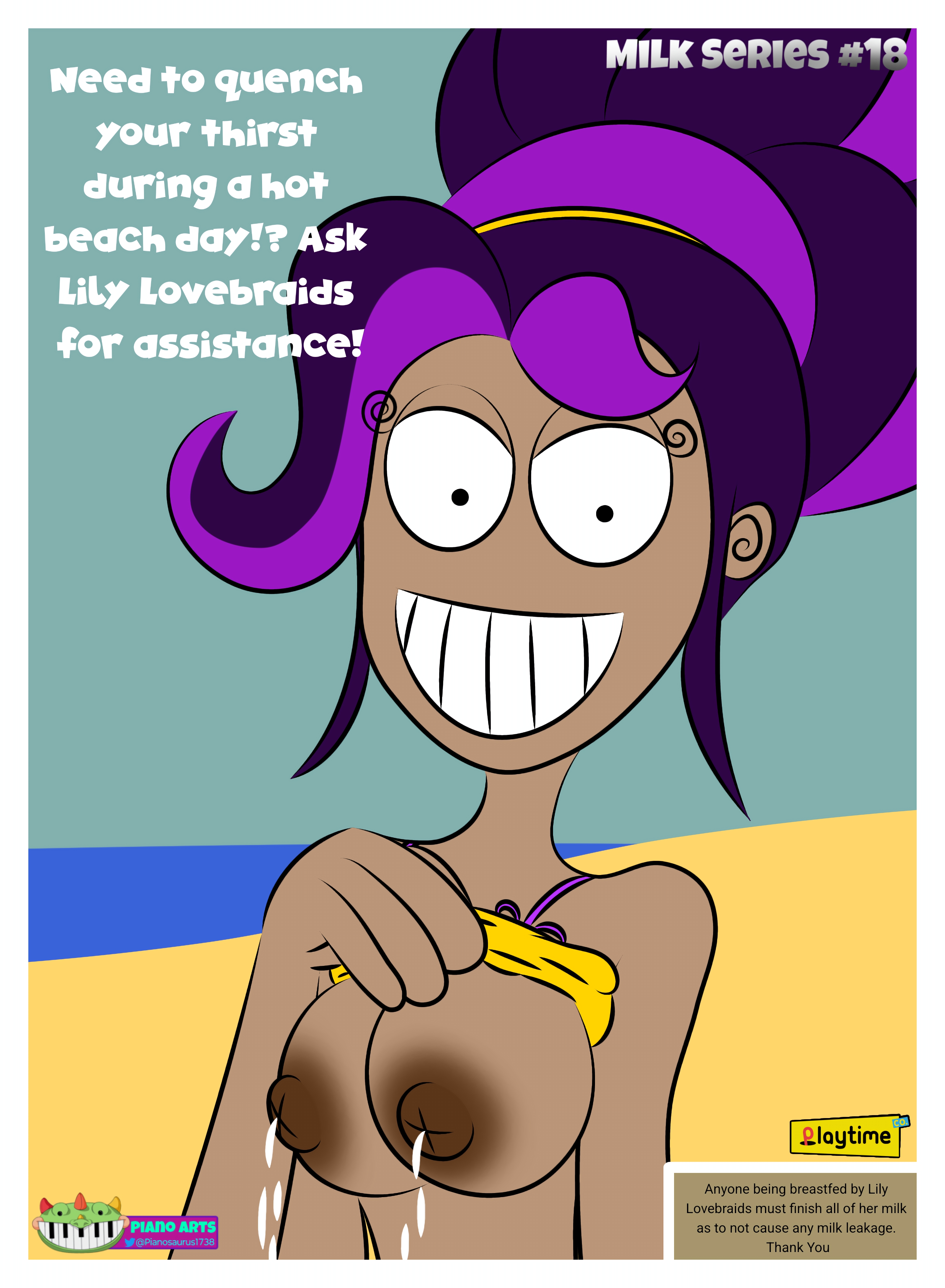 2d, 2d (artwork), areolae, beach, beach background, beachwear, breastmilk, breasts, breasts out, crazy eyes, crazy smile, lactating, lactating breasts, lactating nipples, lactation, lily lovebraids, looking at viewer, low quality, milking breasts, nipples, piano1738, poppy playtime, poppy playtime (chapter 5), poster, purple hair, shirt lift, smiling at viewer, solo, watermark