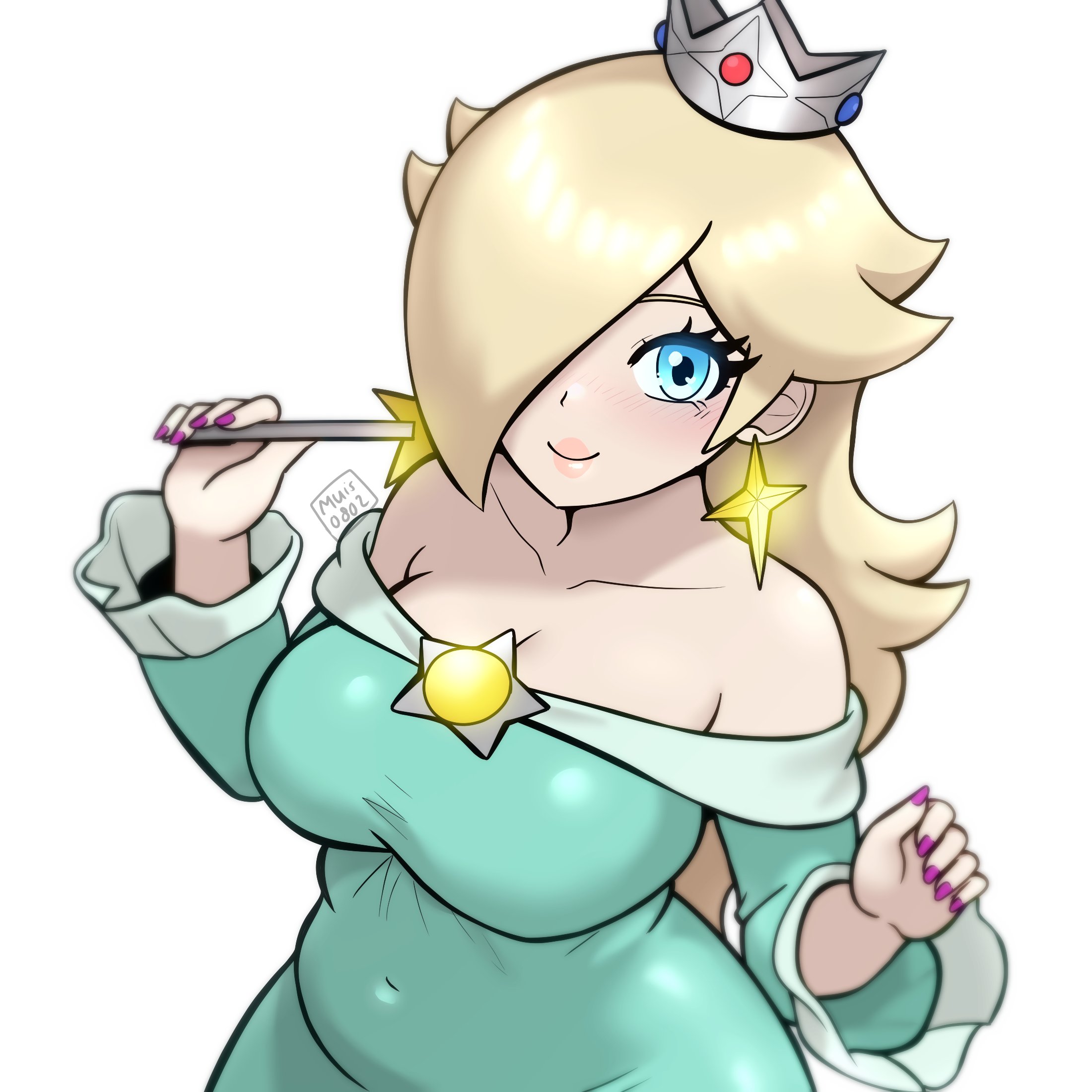 1girls, artist name, bare shoulders, big breasts, blonde hair, blue dress, blue eyes, blush, blush lines, blushing, breasts, brooch, chubby, chubby female, cleavage, closed mouth, clothed, collarbone, commentary, covered navel, crown, dress, earrings, english commentary, eyelashes, female, female only, hair over one eye, highres, holding, holding wand, jewelry, large breasts, long hair, long sleeves, looking at viewer, mario (series), mature, mature female, muis0802, nail polish, navel visible through clothes, nintendo, off shoulder, off-shoulder dress, princess rosalina, purple nails, rosalina, smile, solo, star (symbol), star brooch, star earrings, top down view, top-down view, wand, white background