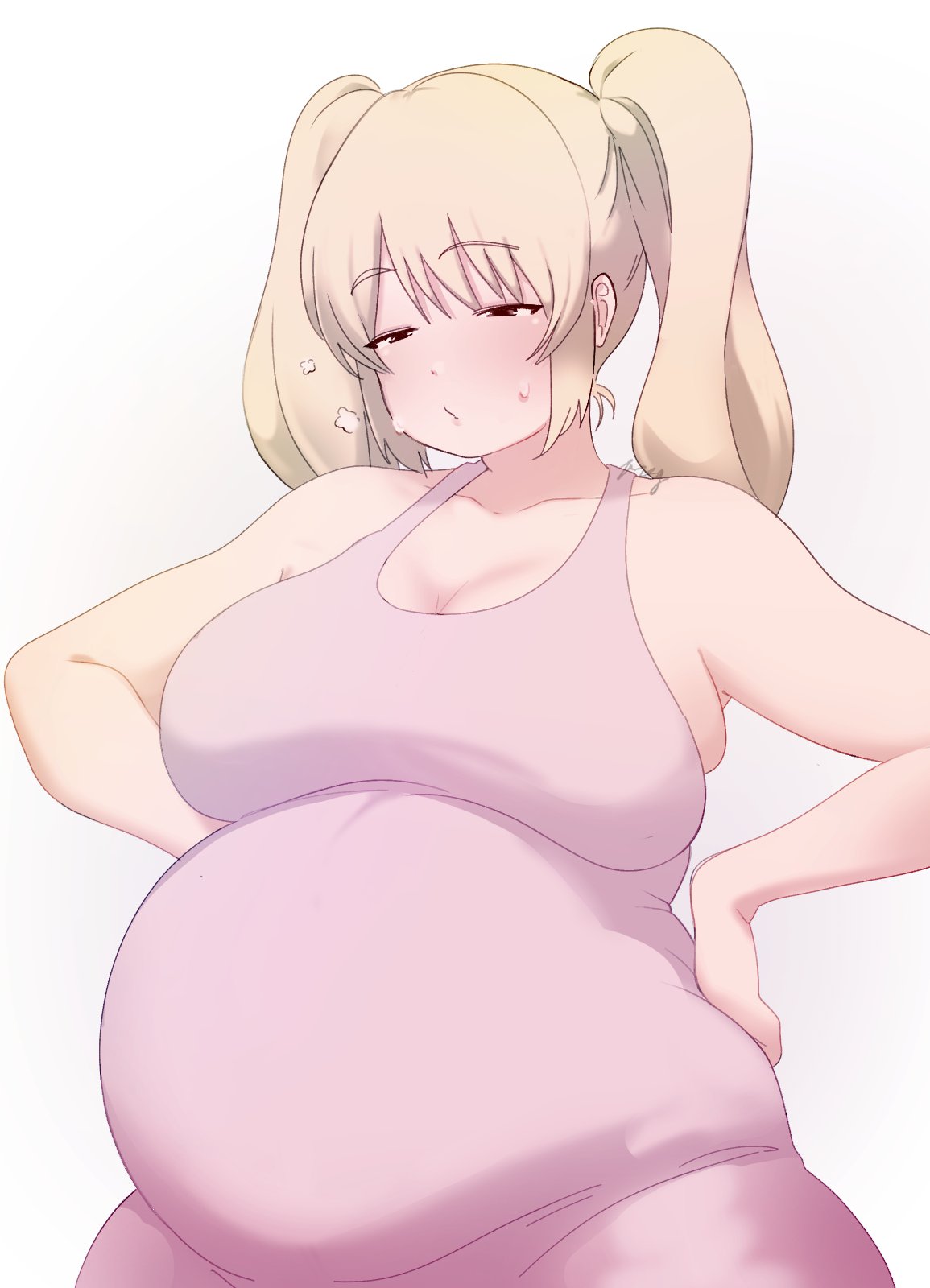 big breasts, blonde hair, blush, breath, cleavage, female, female only, hands on hips, long hair, maternity clothes, maternity dress, nitroplus, out of breath, plump, pregbelly, pregnant, sideboob, slightly chubby, slightly chubby female, solo, super pochaco, sweat, twintails, wide hips