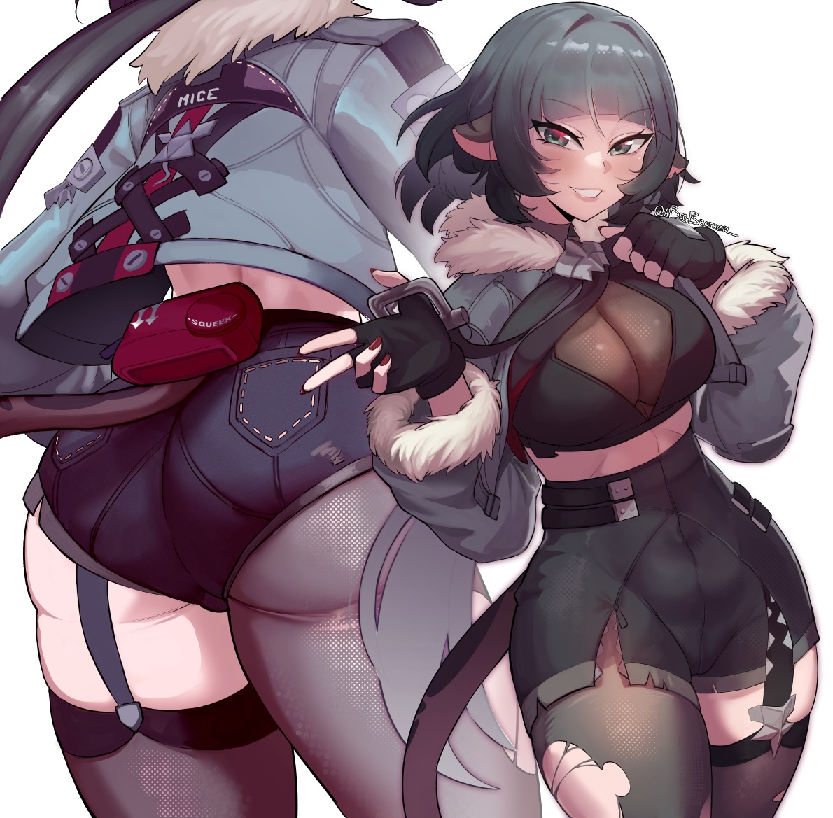 2024, abigbrother, absurdres, animal ears, black hair, black shorts, breasts, brown pantyhose, brown thighhighs, clenched hand, close-up, coat, commentary, ear piercing, english commentary, eyebrows hidden by hair, female, female only, fingernails, gradient hair, grey coat, grin, highres, hip focus, jane doe (zenless zone zero), large breasts, lips, long hair, looking at viewer, mechanical tail, midriff peek, mouse ears, mouse girl, mouse tail, multicolored hair, multiple views, nail polish, pantyhose, piercing, prehensile tail, red hair, red nails, shorts, single leg pantyhose, single thighhigh, sleeveless, smile, tail, thick thighs, thighhighs, thighs, torn clothes, torn pantyhose, torn thighhighs, two-tone hair, zenless zone zero