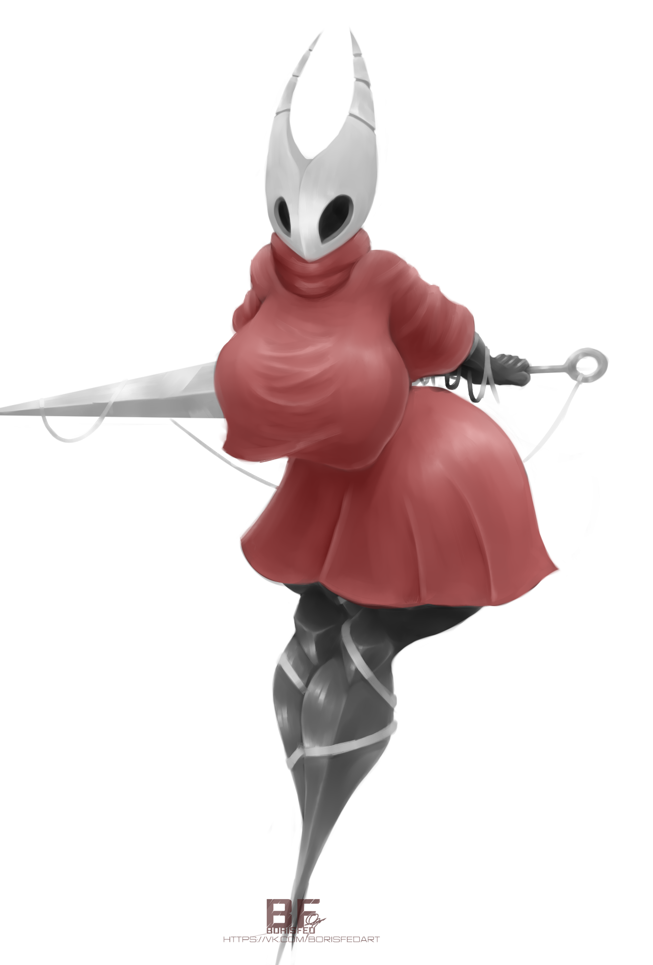 1girls, anthro, big breasts, borisfed, clothing, dress, female, hollow knight, hornet (hollow knight), looking at viewer, sketch, thighs