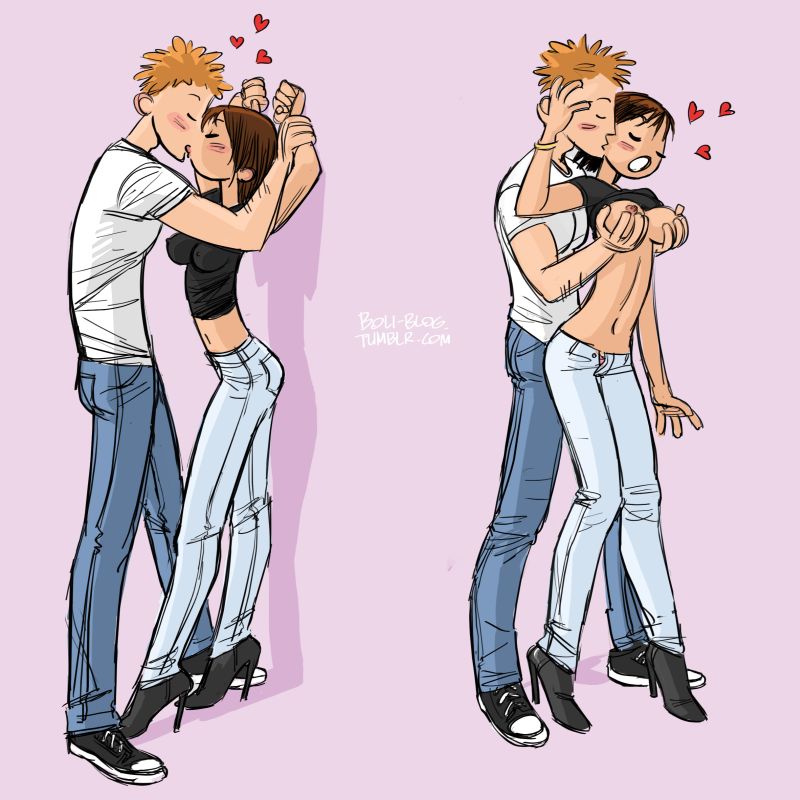 1boy, 1girls, against wall, arched back, areolae, arm grab, arms above head, arms up, au (artist), blush, boli-blog, bracelet, breast fondling, breast grab, breast hold, breasts, breasts out, brown hair, closed eyes, comic, cupping breasts, exposed breasts, female, fondling, from behind position, grabbing from behind, groping, groping from behind, heart, heels, high heels, holding breast, holding hands, kissing, kissing neck, light skin, light-skinned female, long hair, looking pleasured, male, medium breasts, midriff, navel, nipple bulge, nipples, nipples visible through clothing, no bra, open mouth, orange hair, pinned, pleasure face, restrained, romantic, shirt, shirt lift, shirt up, standing, standing sex, straight, tiptoes, unbuttoned, undressing, white skin, wrist grab