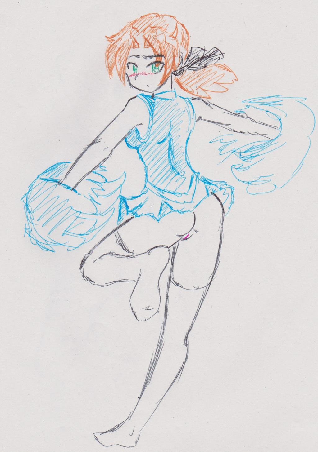 1girls ass blue_shirt blue_skirt blush cheerleader cheerleader_uniform commando going_commando green_eyes hair_ribbon my_life_me no_panties orange_hair orochivan pom_poms ponytail pussy sandra_le_blanc sketch spinning thighhighs upskirt white_background white_socks