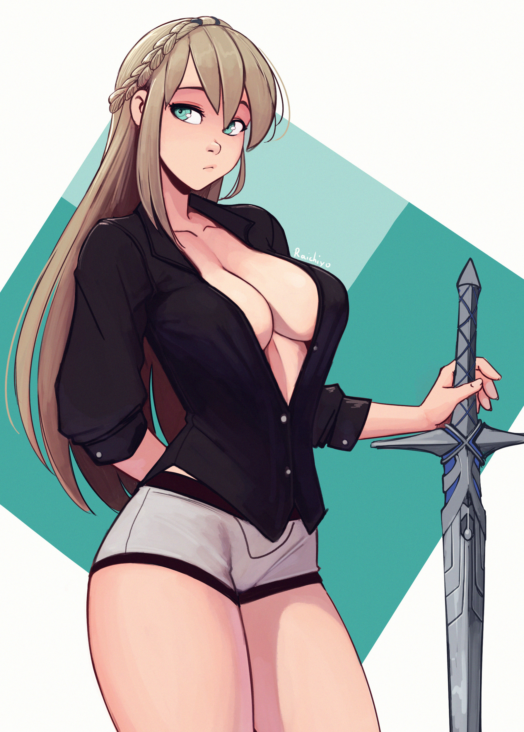 1girls, blonde hair, blue eyes, braided hair, breasts, cleavage, elaine auclair, female, highres, holding weapon, long hair, looking away, raichiyo33, shirt, shirt open, shorts, simple background, solo, sword, thick thighs, thighs, trails through daybreak