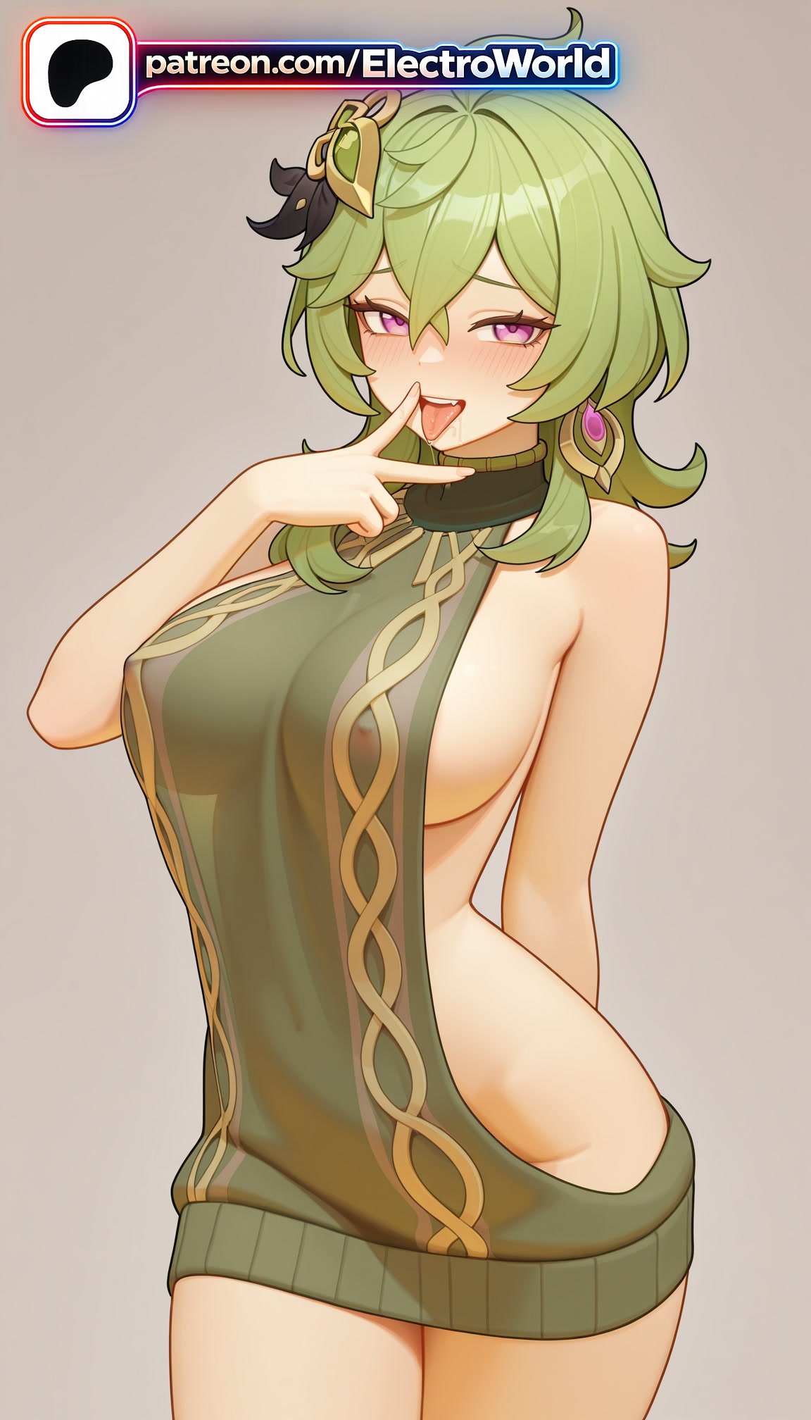 1girls, 2026, ai generated, artist name, bare shoulders, big breasts, big chest, blush, breasts, bust, busty, chest, collei (genshin impact), cunnilingus gesture, dress, electroworld, female, genshin impact, gesture, green hair, hair between eyes, hair ornament, hi res, high quality, high resolution, highres, large breasts, looking at viewer, no bra, no panties, patreon, patreon username, purple eyes, saliva, solo, stable diffusion, tongue, tongue out, virgin killer sweater, watermark