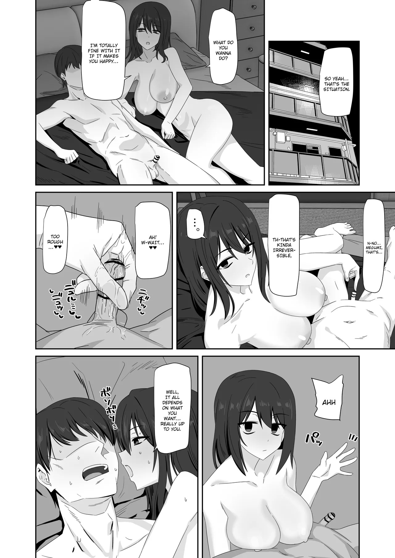 big breasts, black and white, enari, handjob, monochrome, small penis