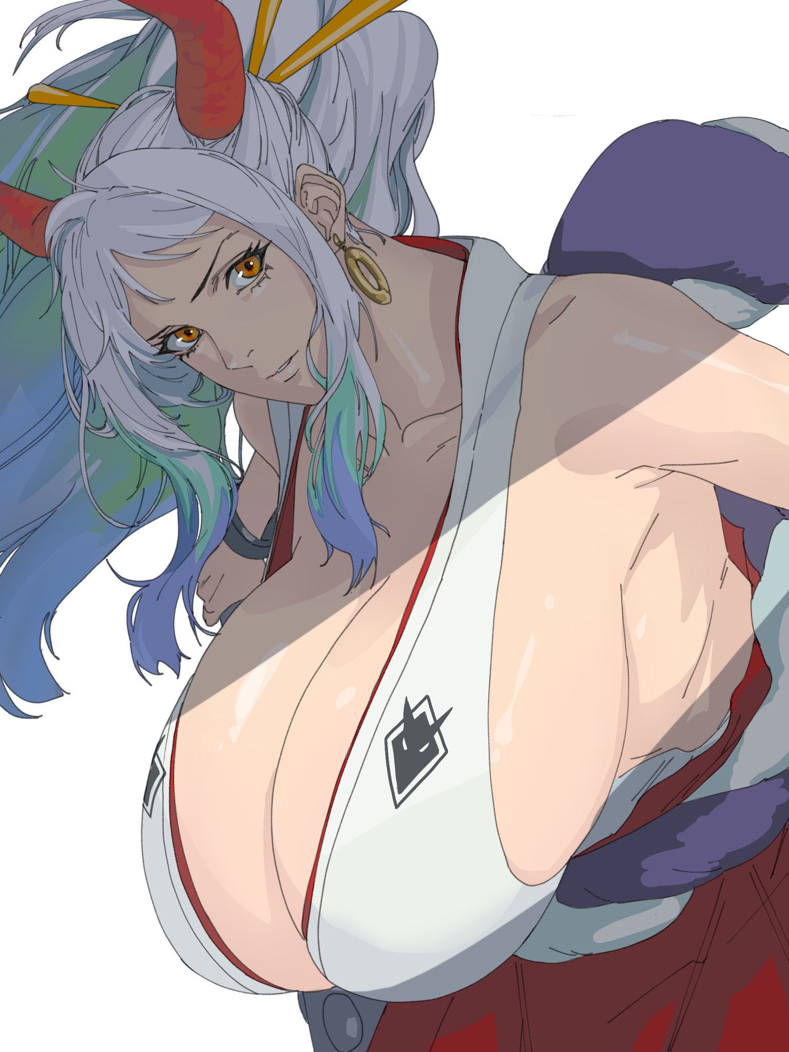 1girls, armpits, cleavage, digital media (artwork), female, female only, fully clothed, massive breasts, mattsunart, one piece, sideboob, two-tone hair, white hair, white-haired female, yamato (one piece)