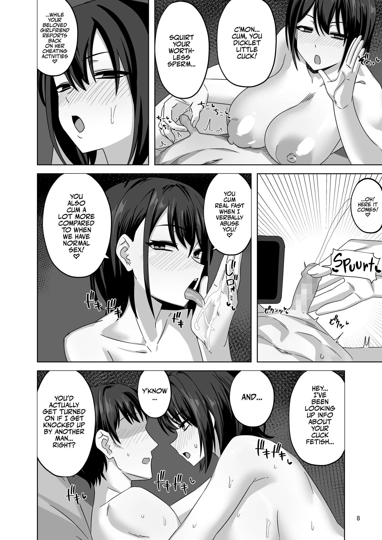 big breasts, eating cum, enari, handjob, monochrome, small penis, small penis humiliation, two-finger handjob