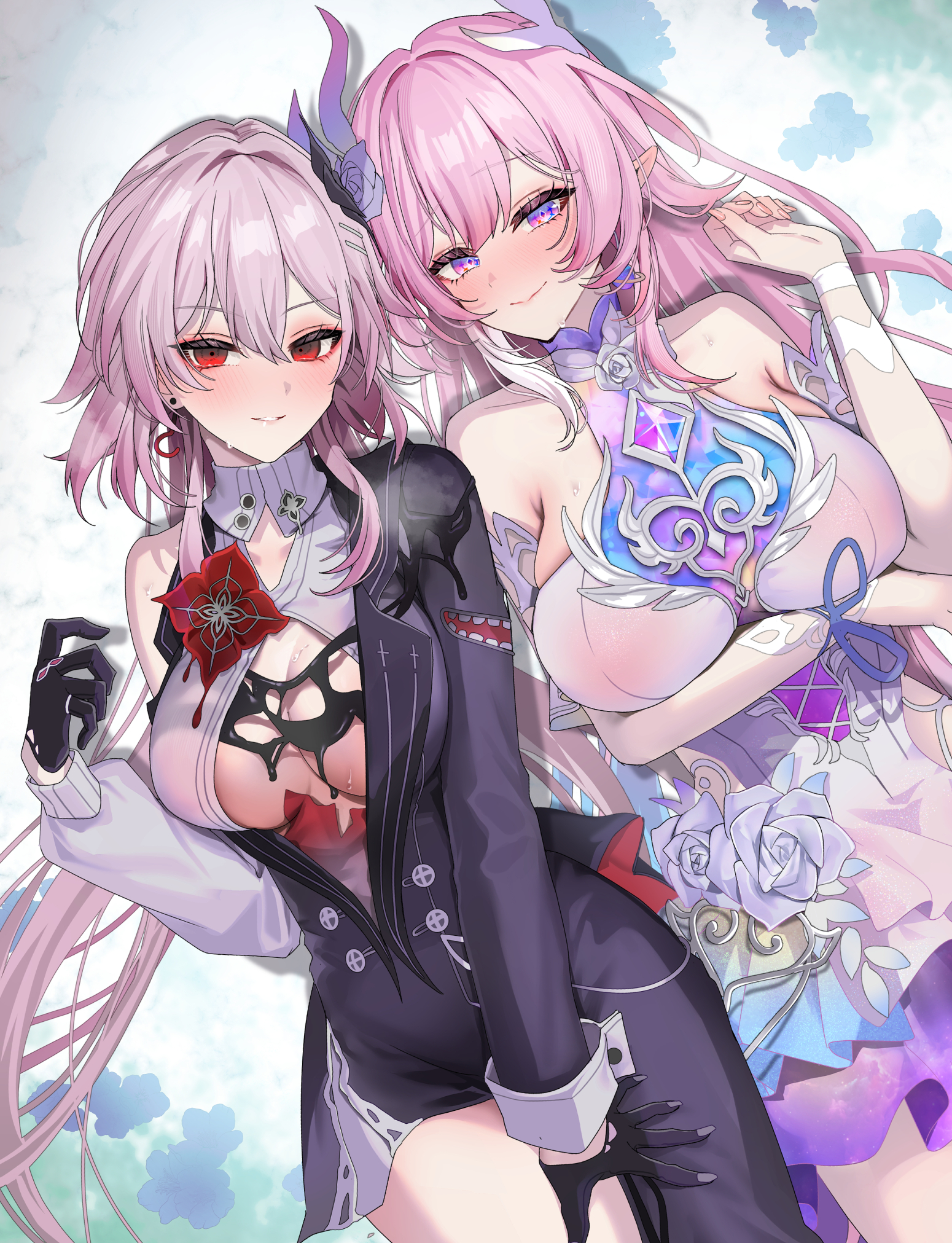 2girls, big breasts, breasts, cyrene (honkai: star rail), cyrene (ripples of past reverie) (honkai: star rail), evernight (honkai: star rail), exposed breasts, female, female only, honkai (series), honkai: star rail, hoyoverse, long hair, march 7th (honkai: star rail), mihoyo, pink hair, purple eyes, red eyes, sweat